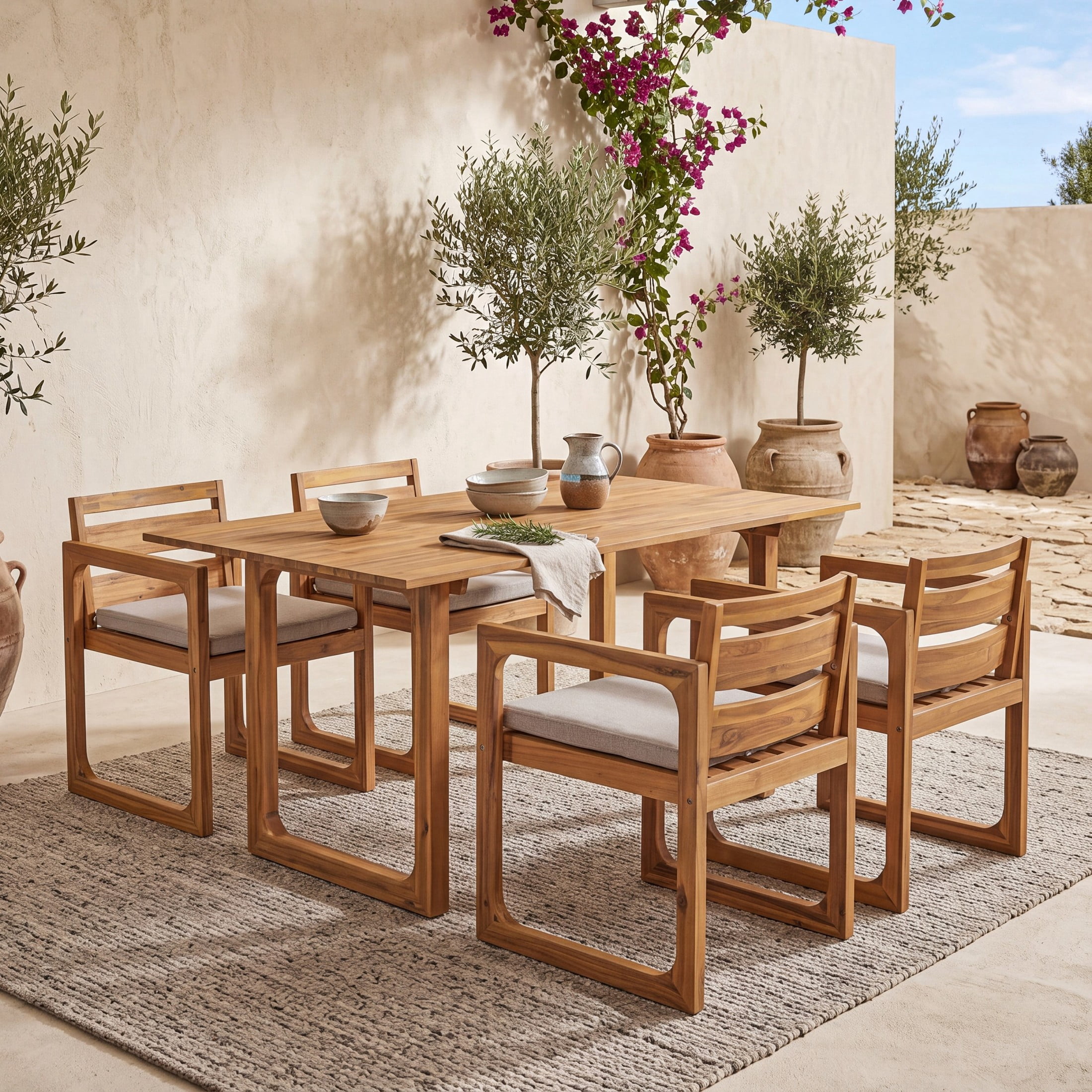 Christopher Knight Home 5-Piece Outdoor Dining Set, Acacia Wood Patio Table and Chairs, Teak+Beige