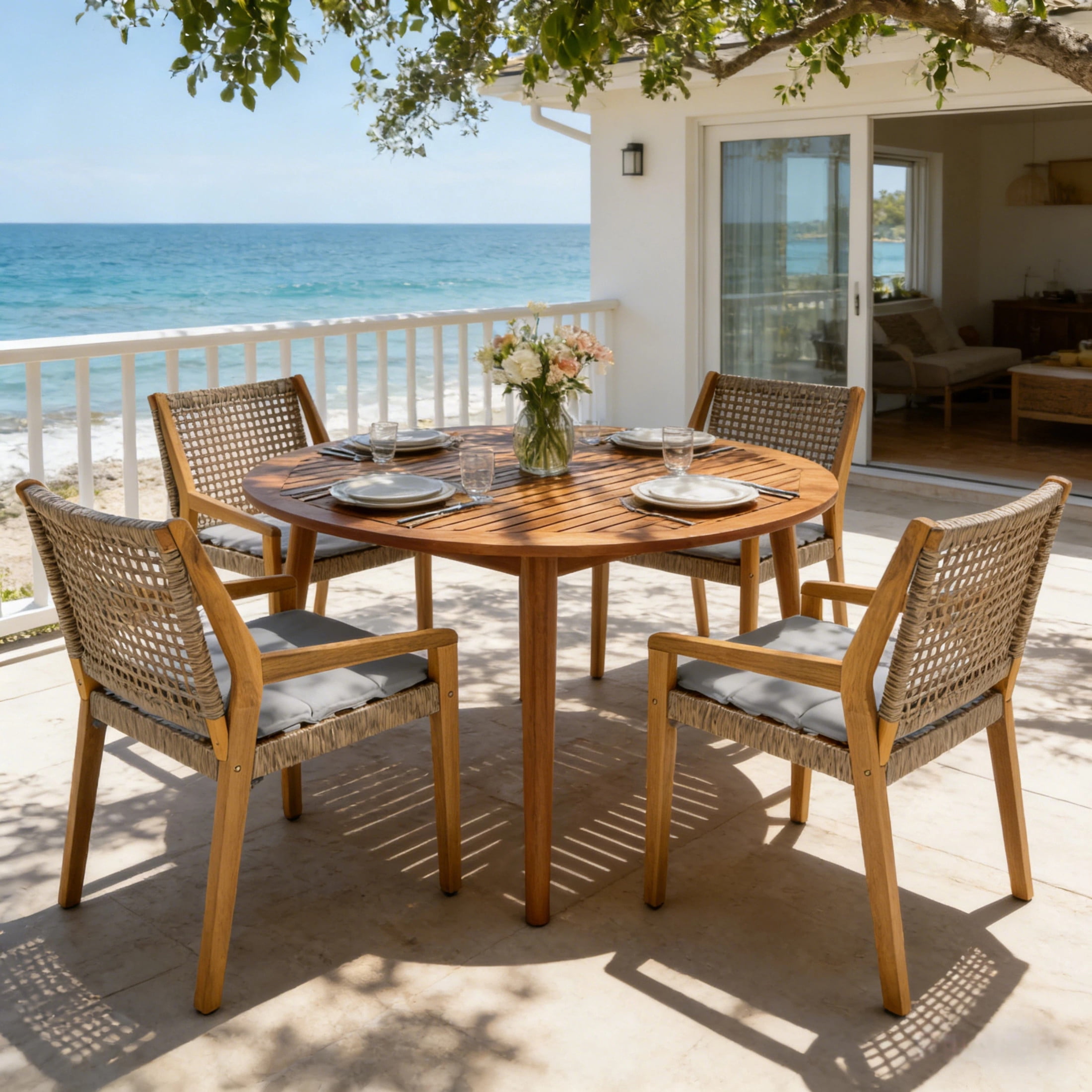 Christopher Knight Home 5-Piece Outdoor Dining Set, Acacia Wood Round Table with Wicker Armchairs, Teak+Gray