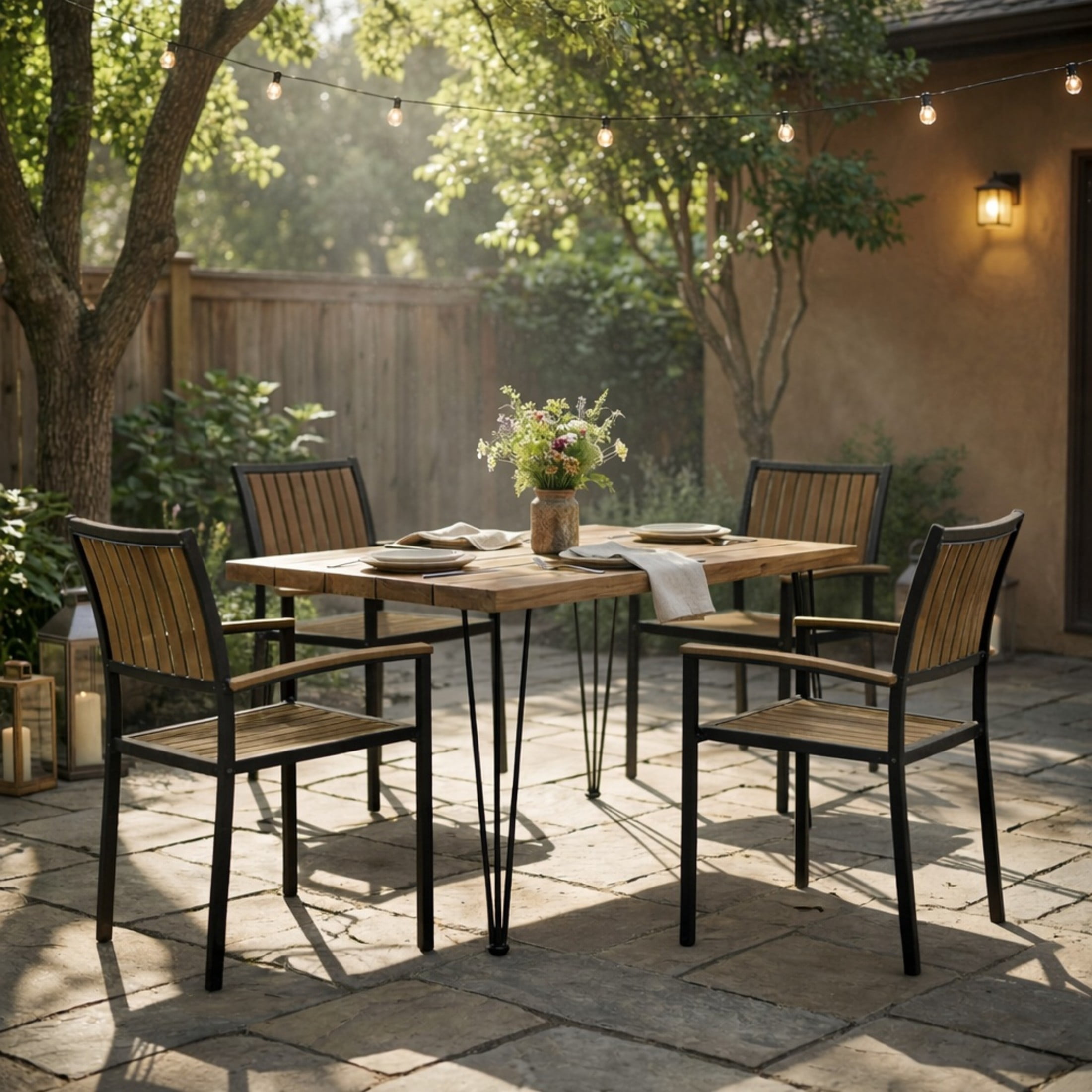 Christopher Knight Home 5-Piece Outdoor Dining Set, Acacia Wood Square Table and Chairs, Teak+Black