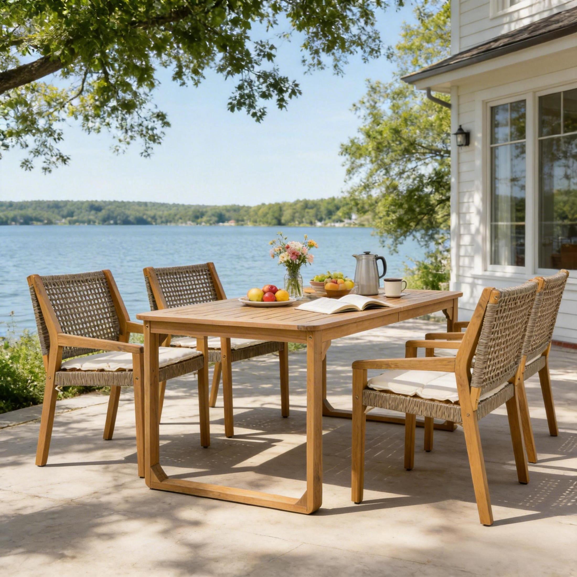 Christopher Knight Home 5-Piece Outdoor Dining Set, Curved Leg Table and Wicker Chairs with Beige Cushions