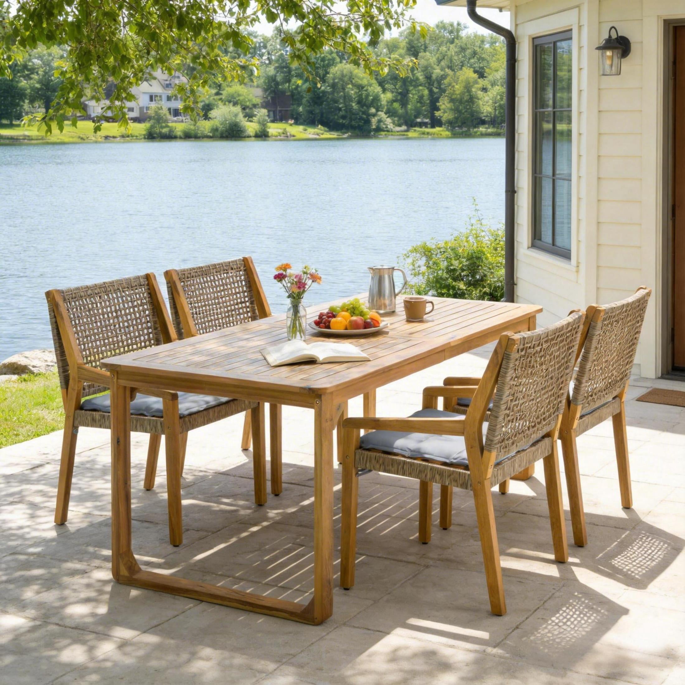 Christopher Knight Home 5-Piece Outdoor Dining Set, Curved Leg Table and Wicker Chairs with Gray Cushions