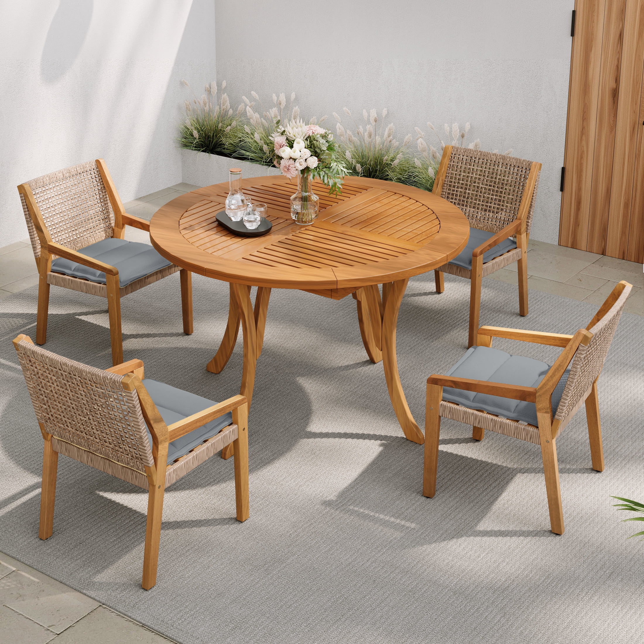 Christopher Knight Home 5-Piece Outdoor Dining Set, Curved Legs Acacia Wood Table & Wicker Armchairs, Teak