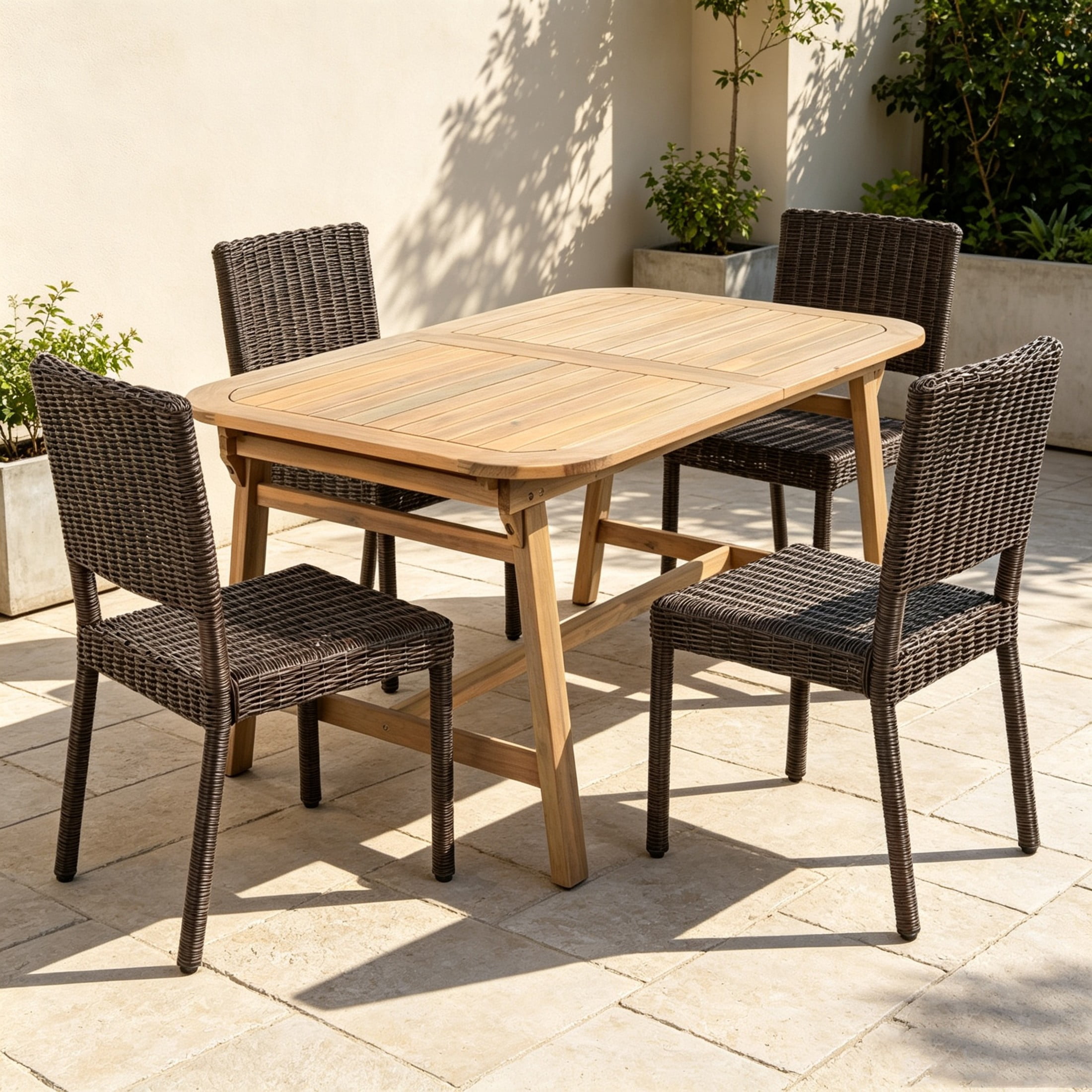 Christopher Knight Home 5-Piece Outdoor Dining Set, Extendable Acacia Table with Wicker Chairs, Teak+Brown