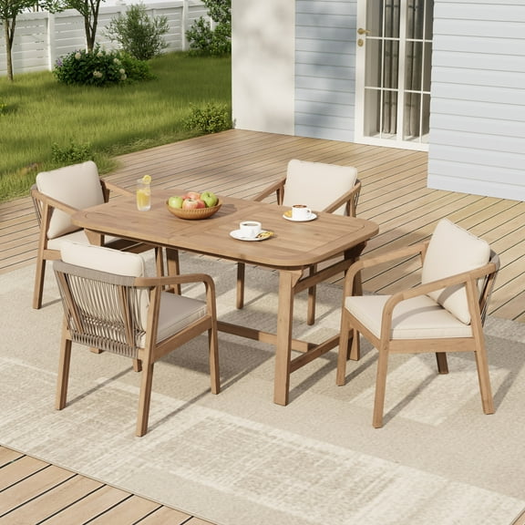 Christopher Knight Home 5-Piece Outdoor Dining Set, Extendable Table & Rope-Back Chairs with Cream Cushions, Light Teak