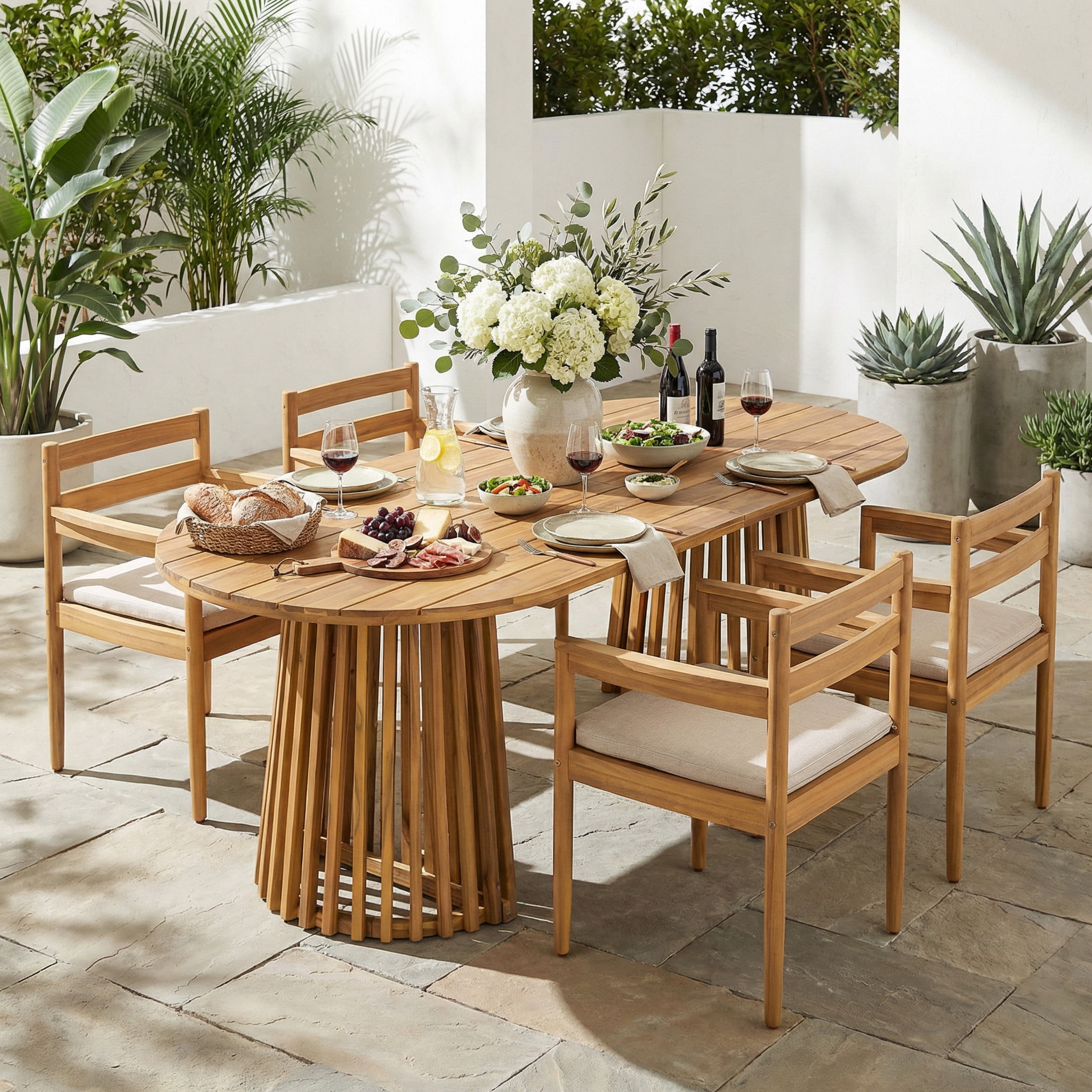 Christopher Knight Home 5-Piece Outdoor Dining Set, Oval Table with Armchairs and Cushion, Teak+Beige