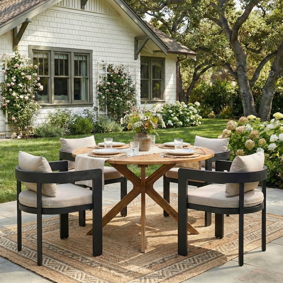 Christopher Knight Home 5-Piece Outdoor Dining Set, Round Table with Aluminum Frame Chairs, Beige Cushion