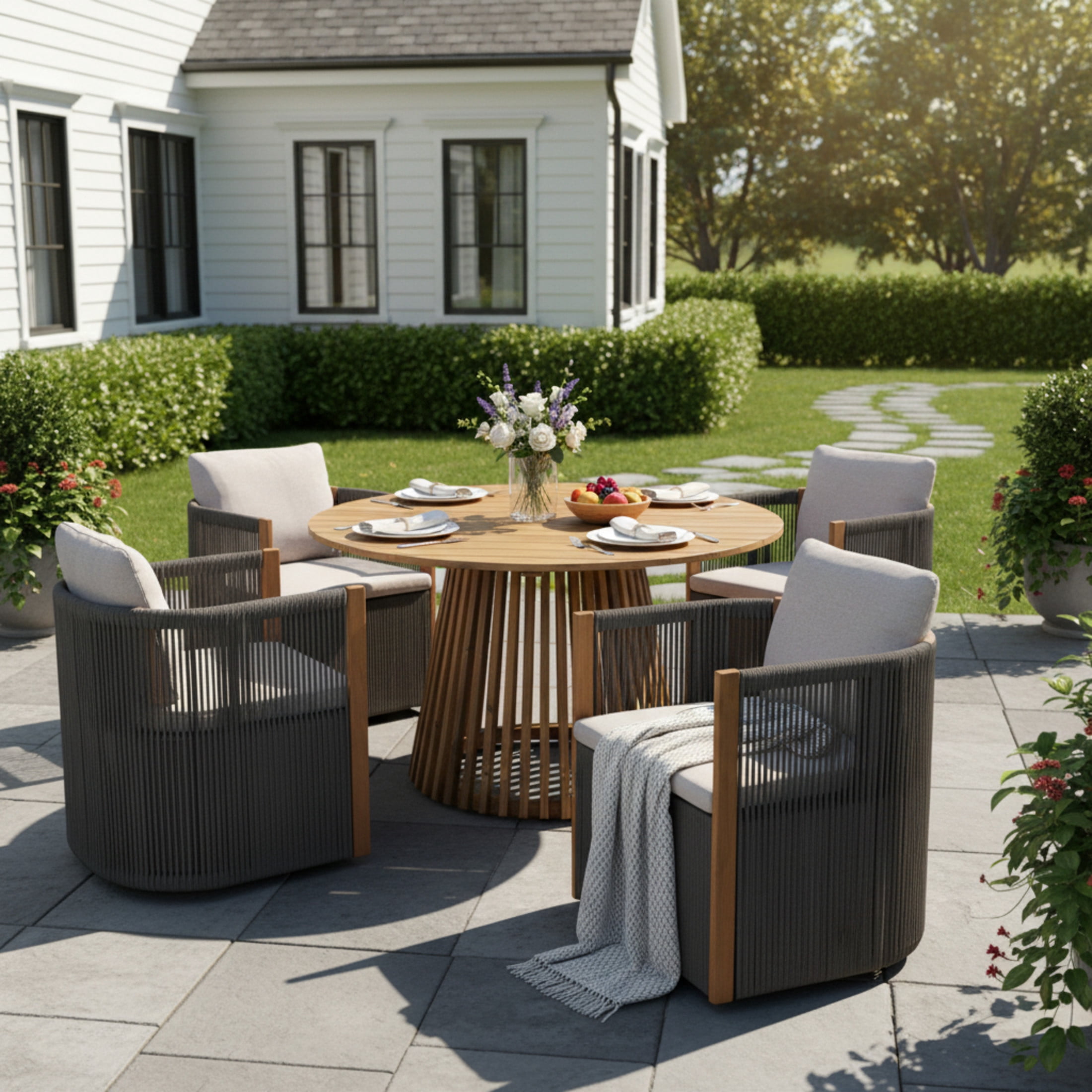 Christopher Knight Home 5 Piece Outdoor Dining Set, Swivel Rope Wicker Chairs and Round Table, 4 Seats, Gray