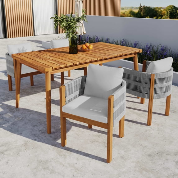 Christopher Knight Home 5-Piece Outdoor Dining Set with 63" Wood Table, 4 Rope Back Patio Chairs, Gray Cushion