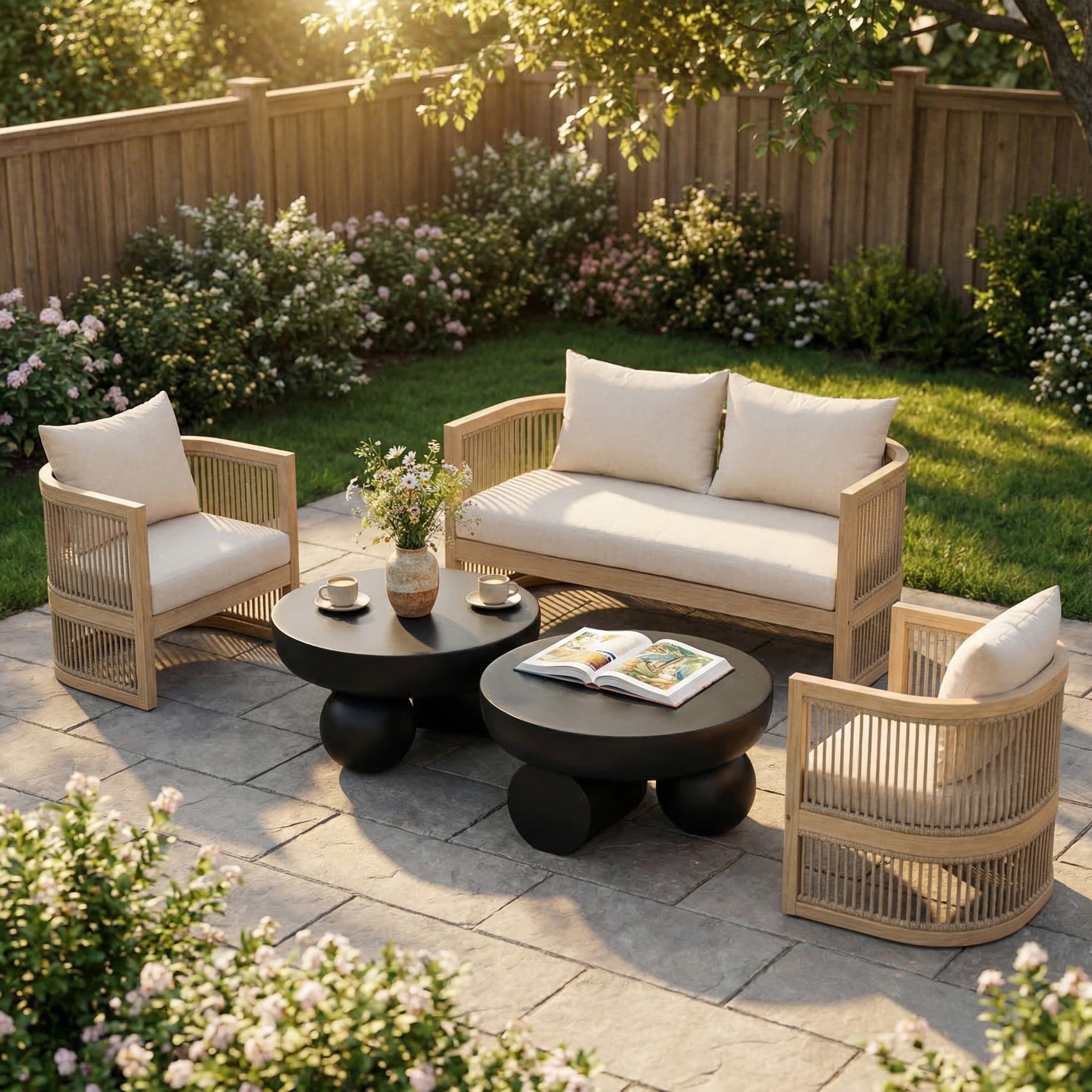 Christopher Knight Home 5-Piece Outdoor Light Teak Conversation Set with Black Coffee Tables, Beige Cushion
