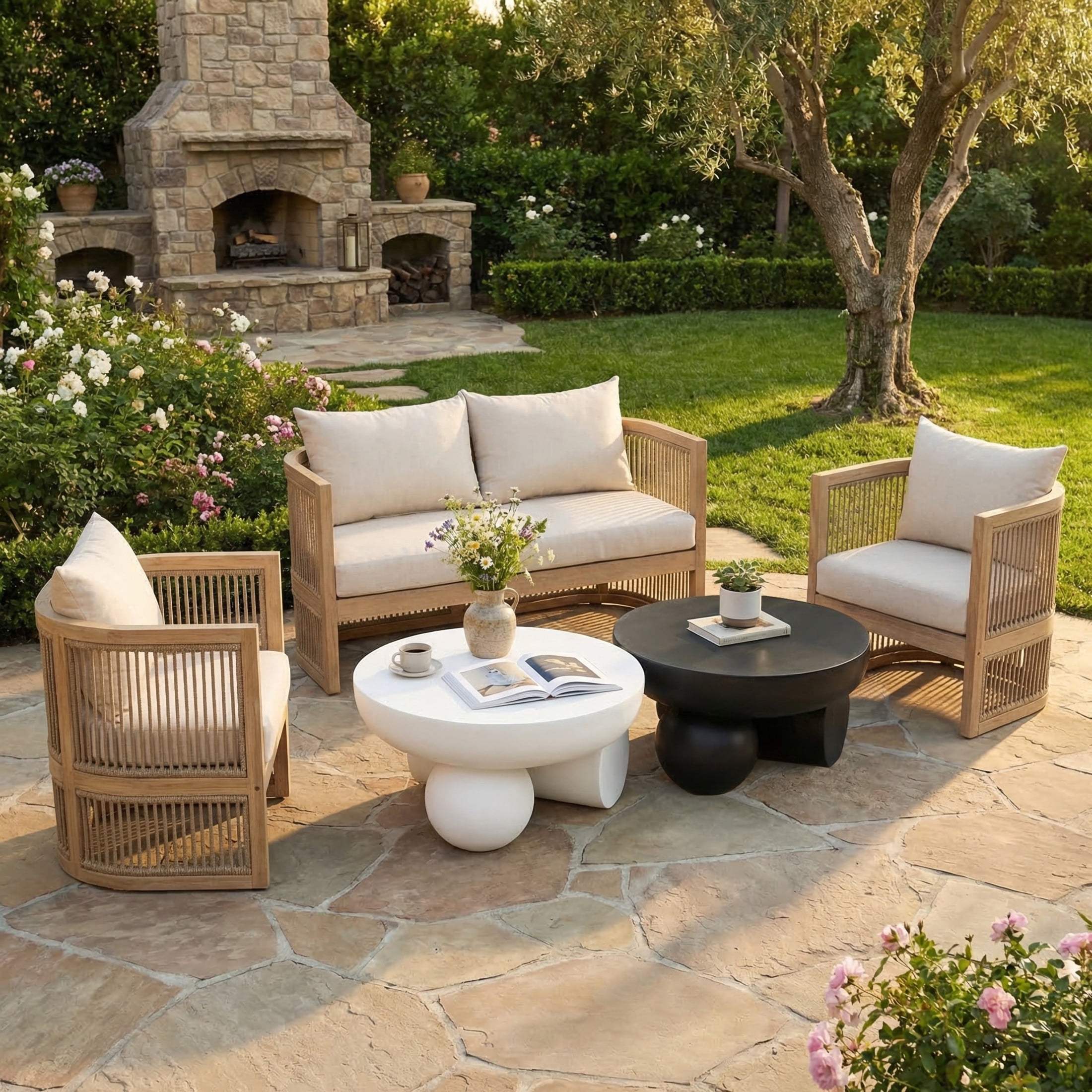 Christopher Knight Home 5-Piece Outdoor Light Teak Conversation Set with Black White Coffee Tables, Beige Cushion