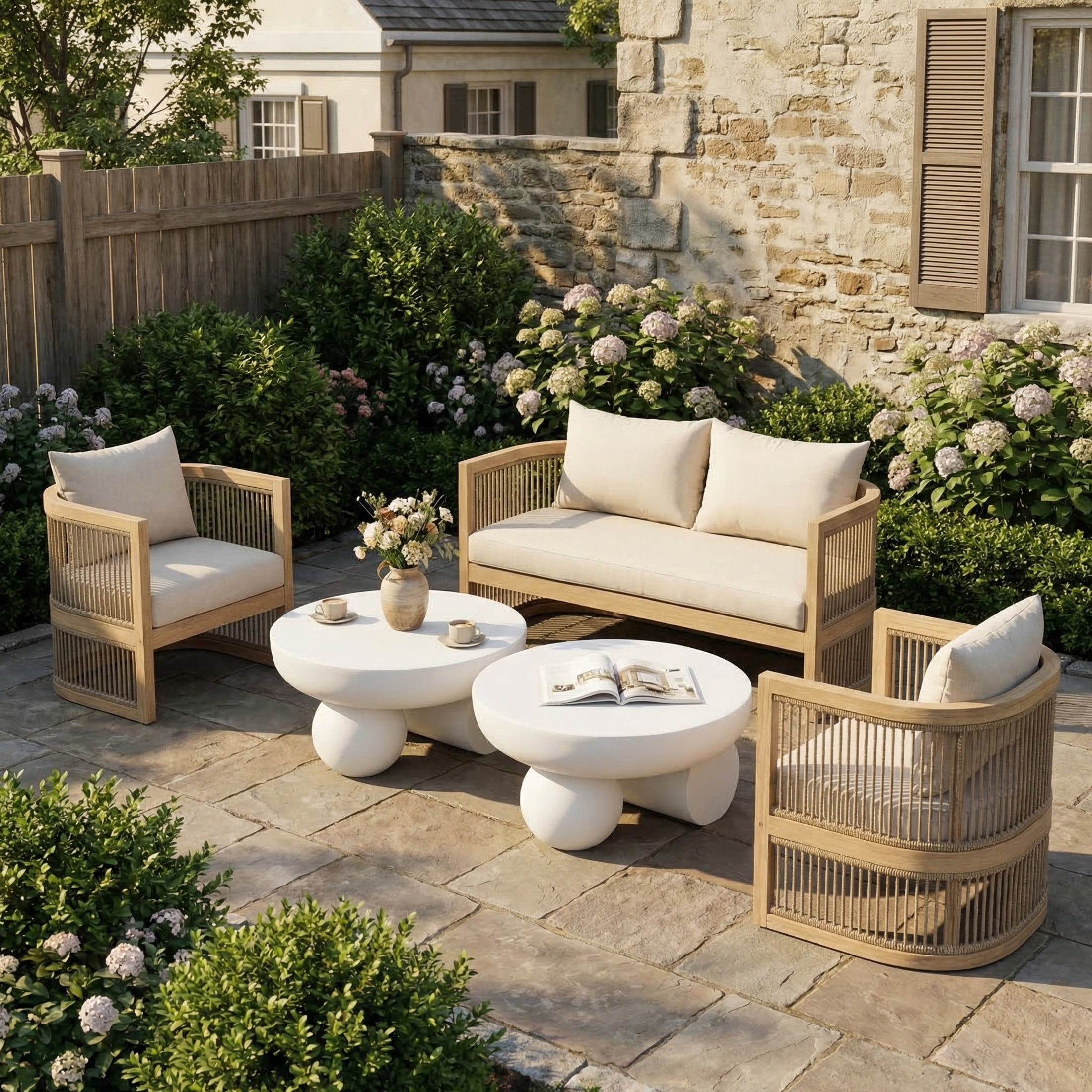 Christopher Knight Home 5-Piece Outdoor Light Teak Conversation Set with White Coffee Tables, Beige Cushion