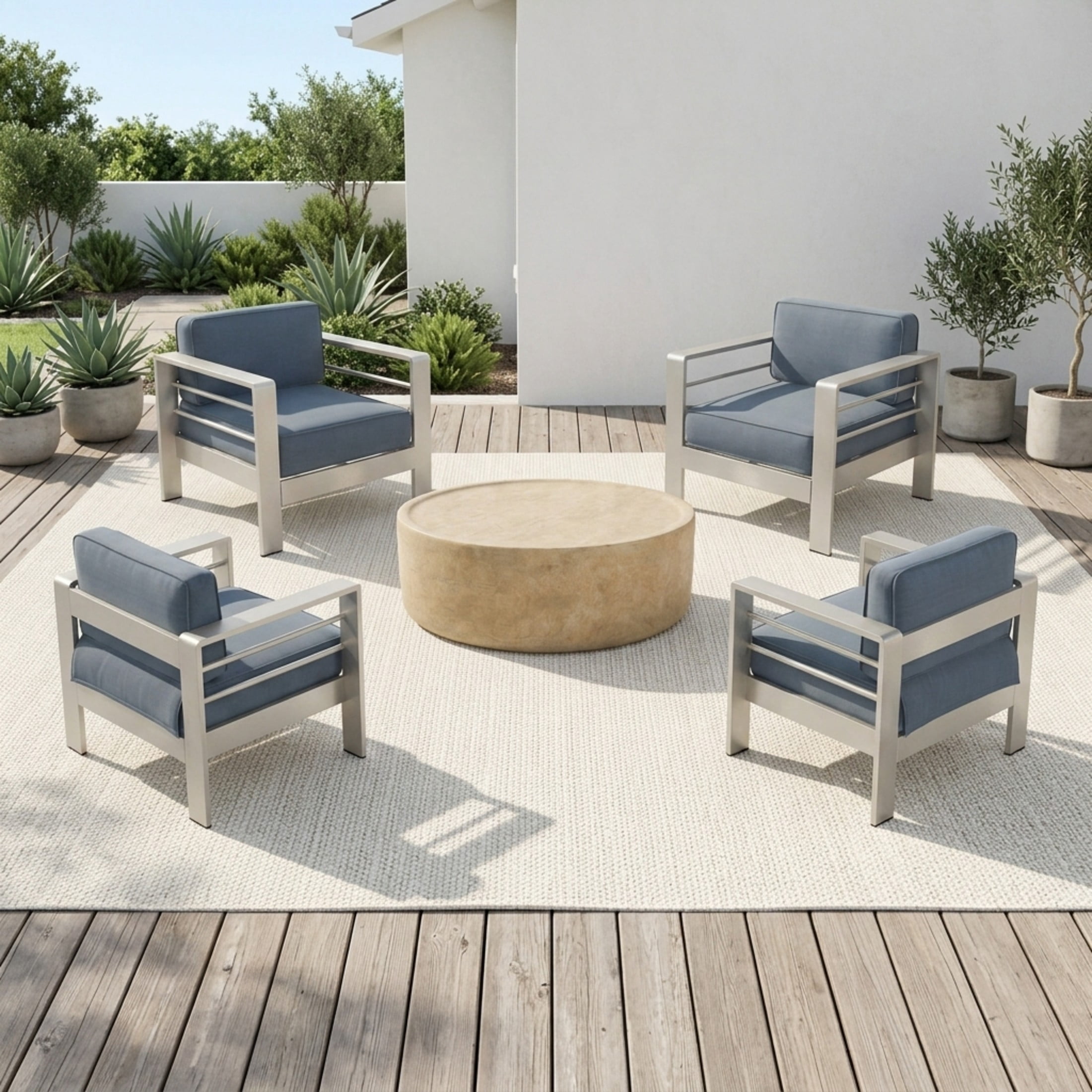 Christopher Knight Home 5-Piece Outdoor Patio Chat Set, Aluminum Club Chairs with Coffee Table, Blue Cushion