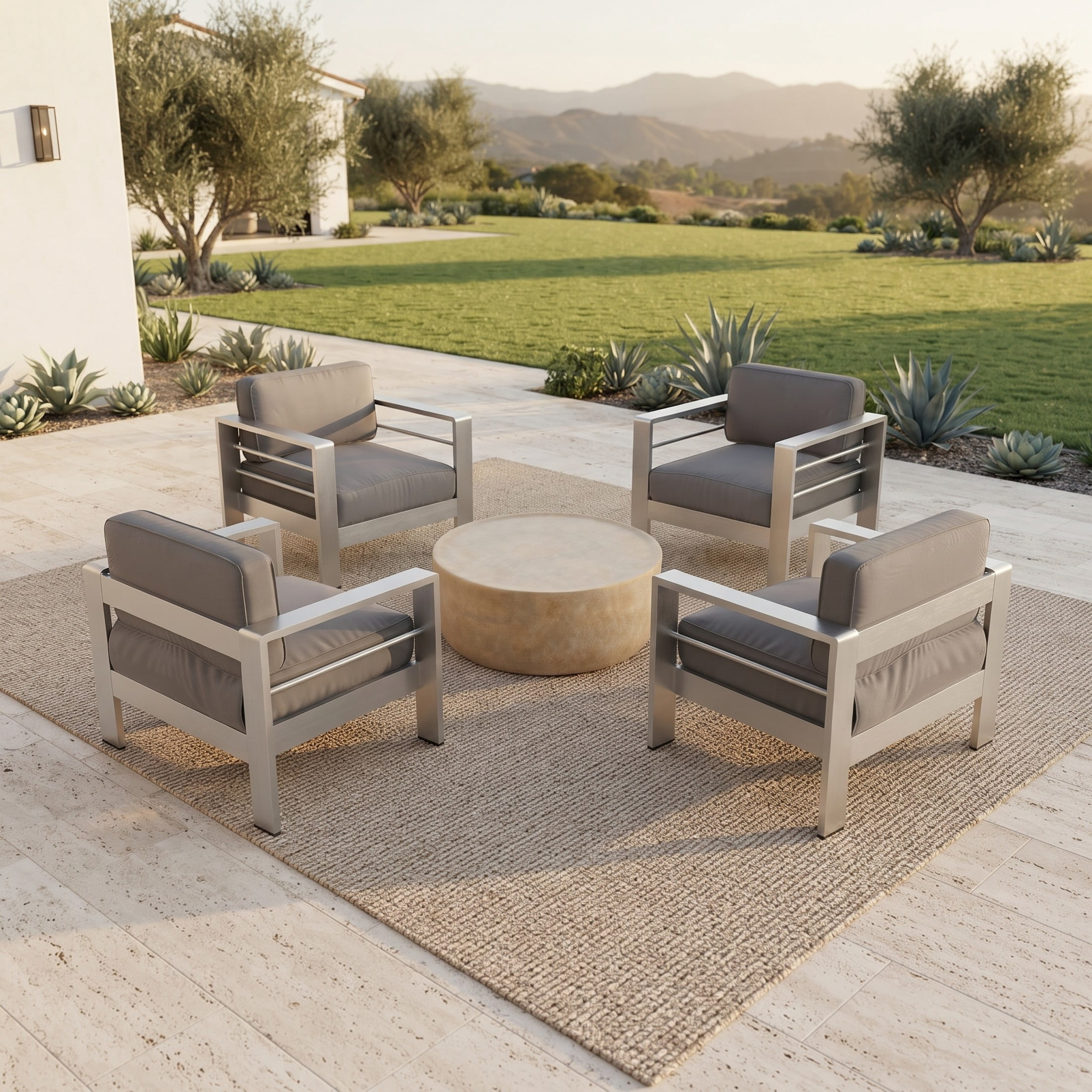 Christopher Knight Home 5-Piece Outdoor Patio Chat Set, Aluminum Club Chairs with Coffee Table, Gray Cushion