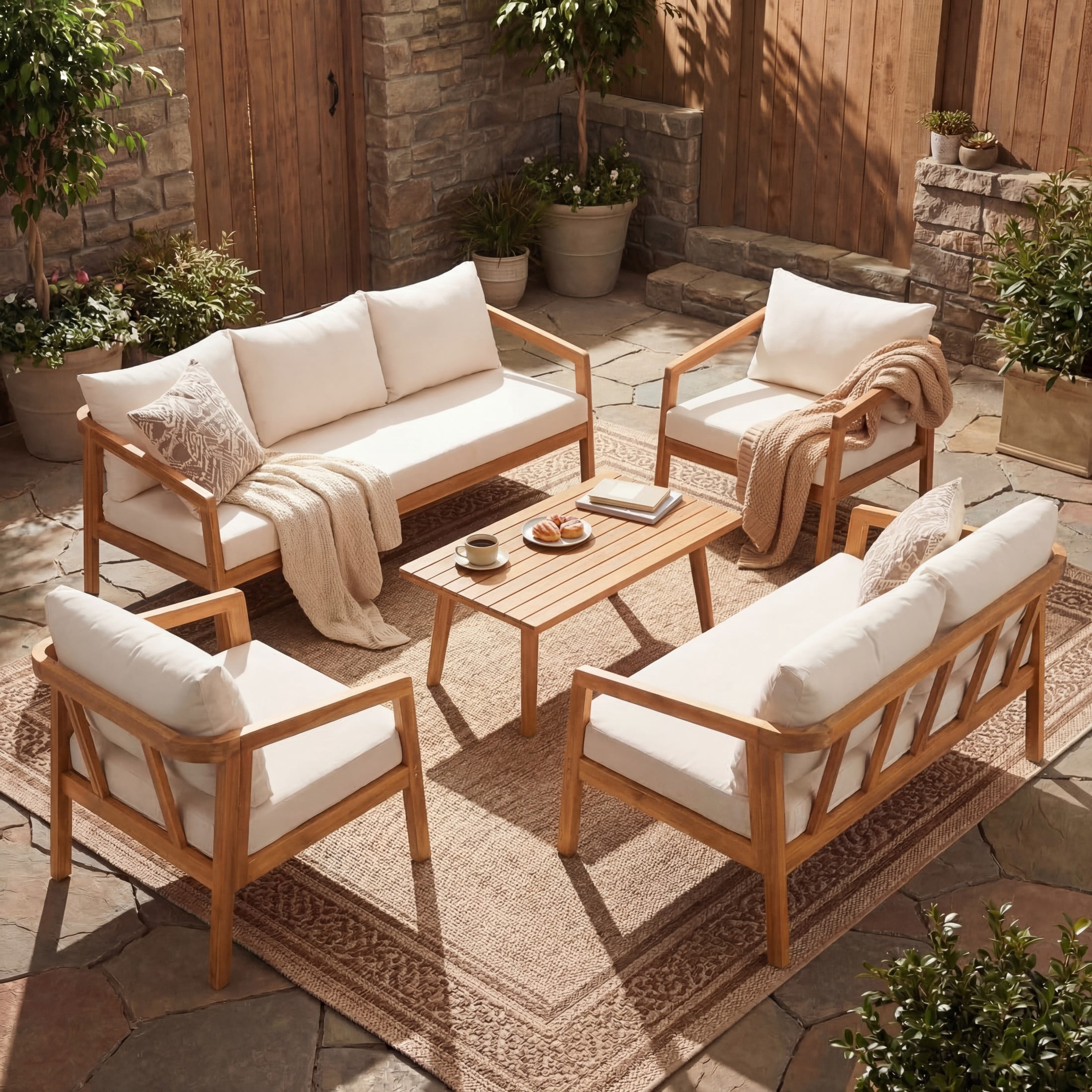 Christopher Knight Home 5-Piece Outdoor Patio Chat Set, Natural Acacia Wood Frame with Beige Cushions