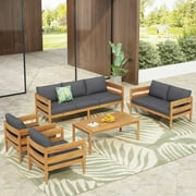 Christopher Knight Home 5-Piece Outdoor Patio Conversation Set for 7, Acacia Wood Frame with Cushions, Teak+Dark Gray