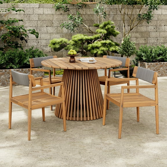 Christopher Knight Home 5-Piece Outdoor Patio Dining Table Set with Braided Rope Armchairs, Light Teak+Grey