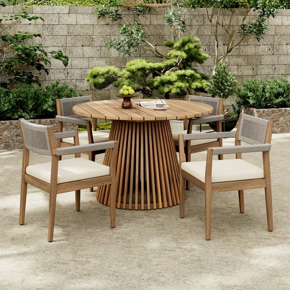 Christopher Knight Home 5-Piece Outdoor Patio Dining Table Set with Rope Armchairs & Cream Cushions, Light Teak+Beige