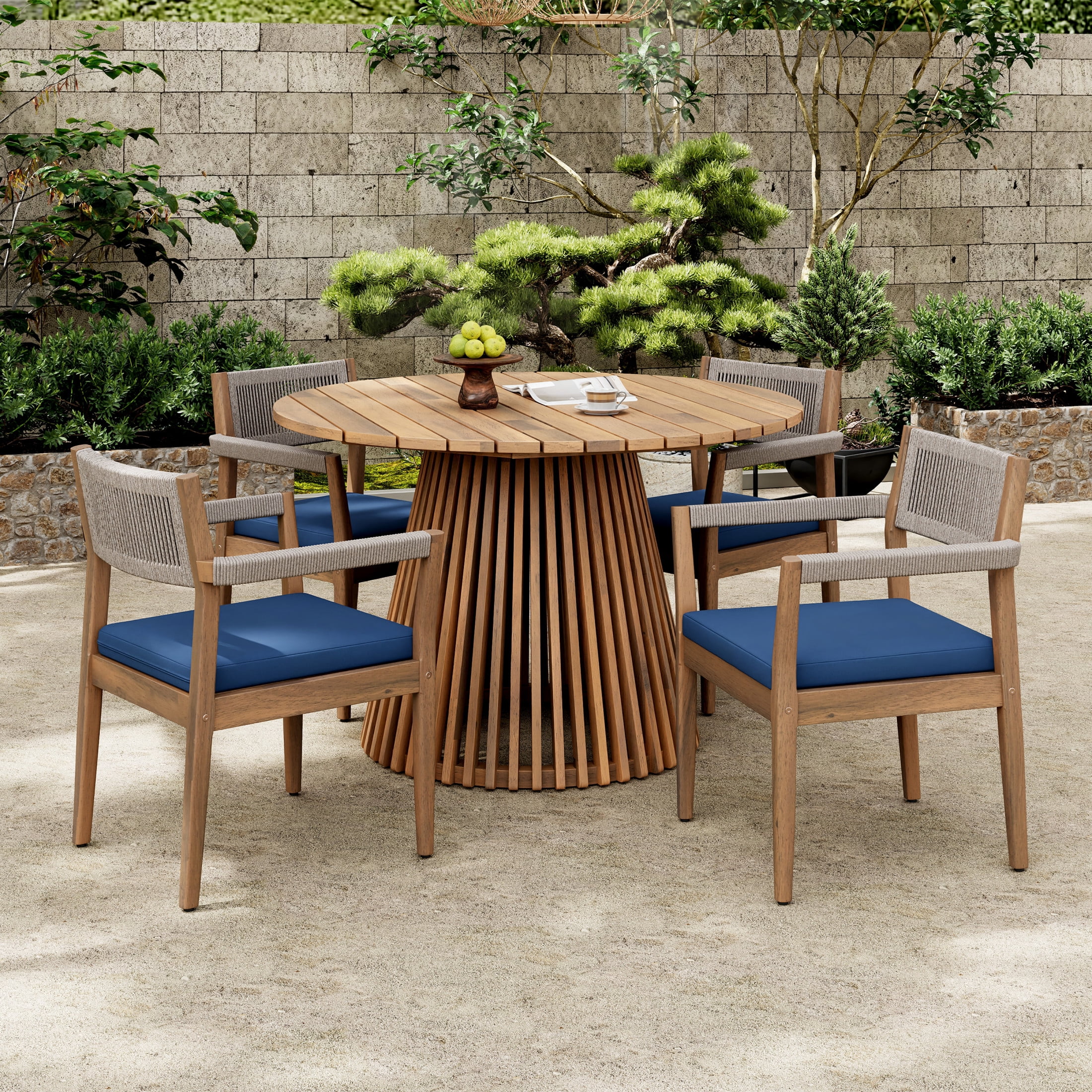 Christopher Knight Home 5-Piece Outdoor Patio Dining Table Set with Rope Armchairs & Navy Cushions, Light Teak+Beige