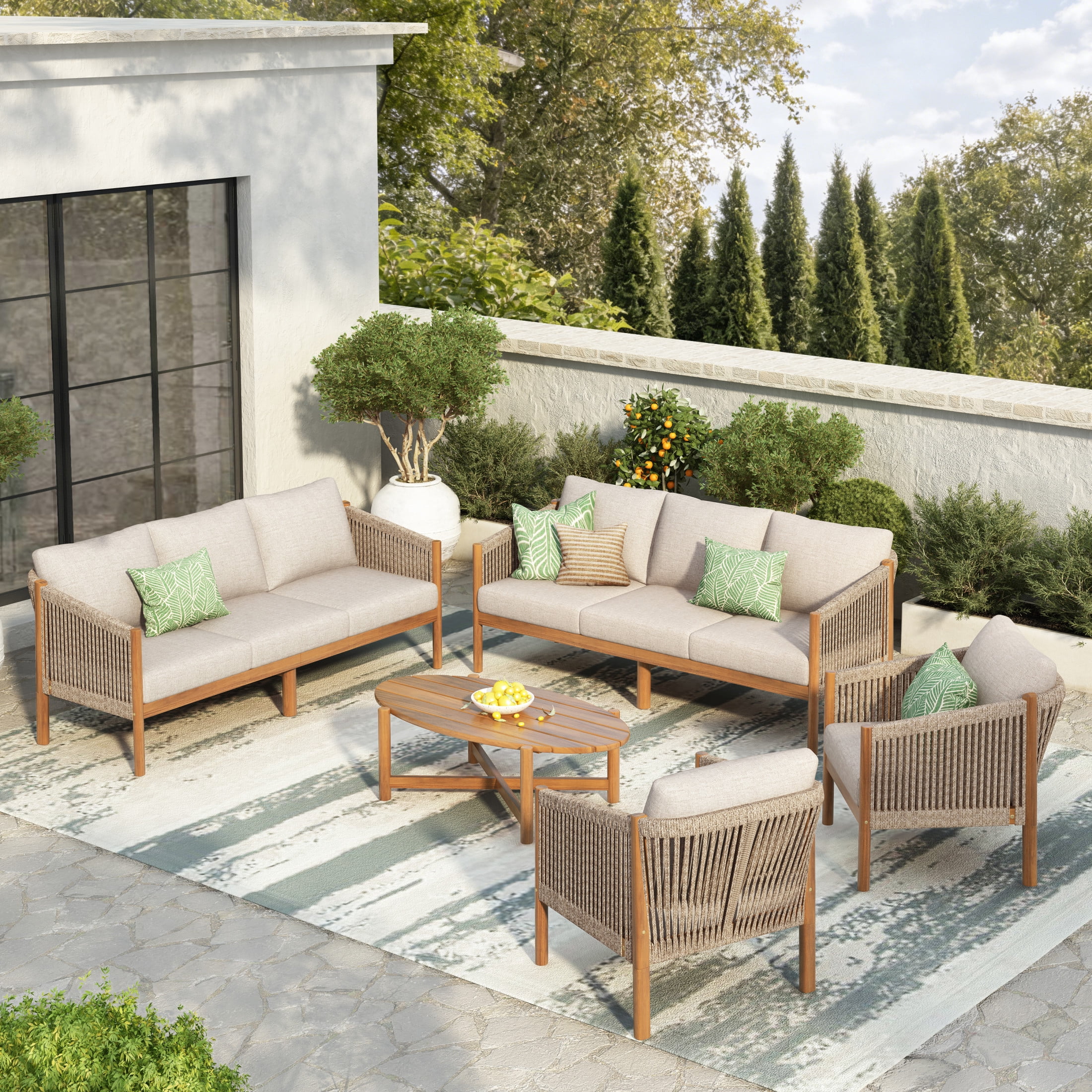 Christopher Knight Home 5-Piece Outdoor Sofa Set with Table, Acacia Wood Frame, Rope Back, Light Teak+Beige