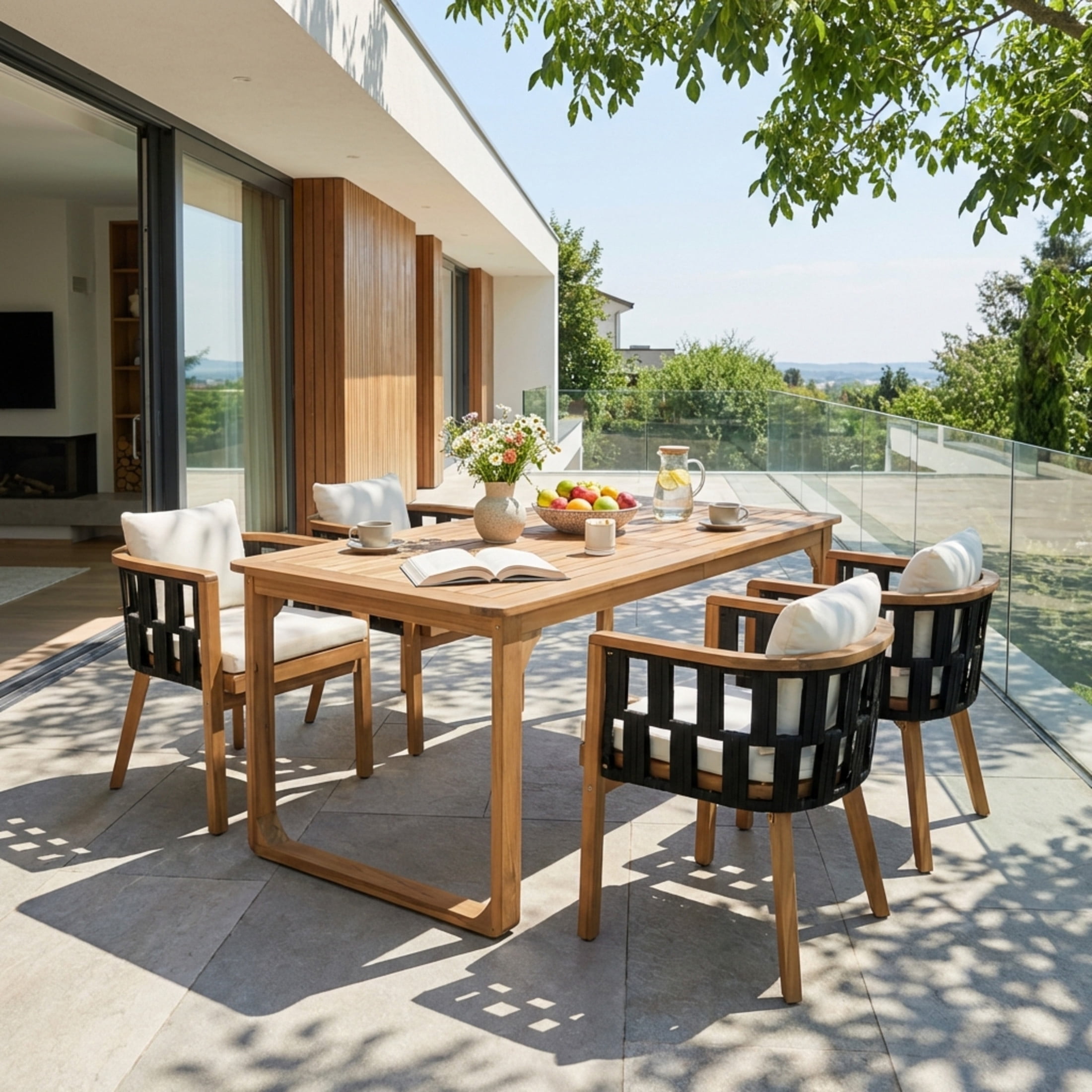 Christopher Knight Home 5-Piece Outdoor Wood Dining Set, Curved Leg Table and Black Rope Chairs with Cushions
