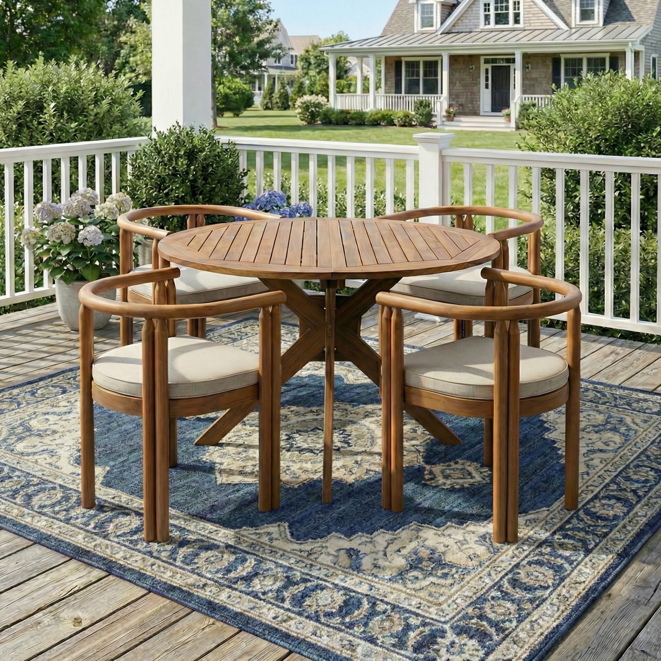 Christopher Knight Home 5-Piece Outdoor Wood Dining Set, Round Table with Beige Cushion Armchairs, Teak