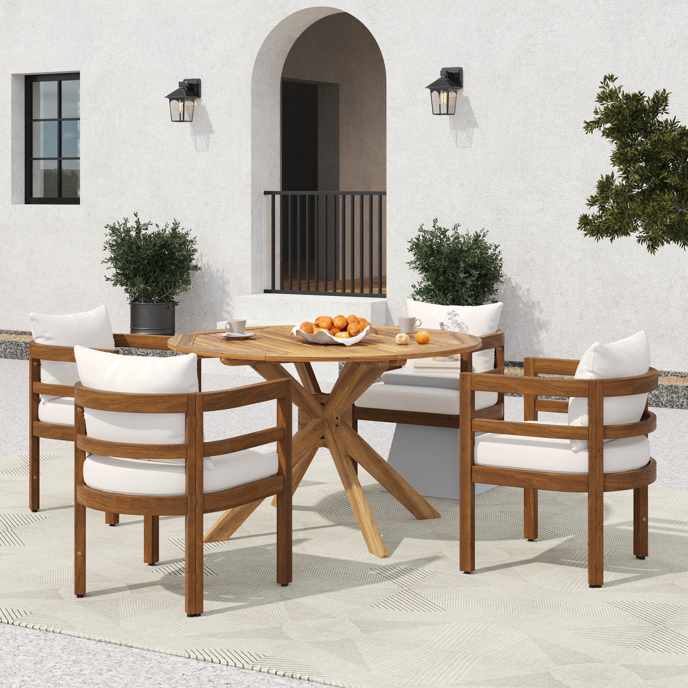 Christopher Knight Home 5-Piece Outdoor Wood Dining Set, Round Table with Beige Cushioned Chairs, Brown
