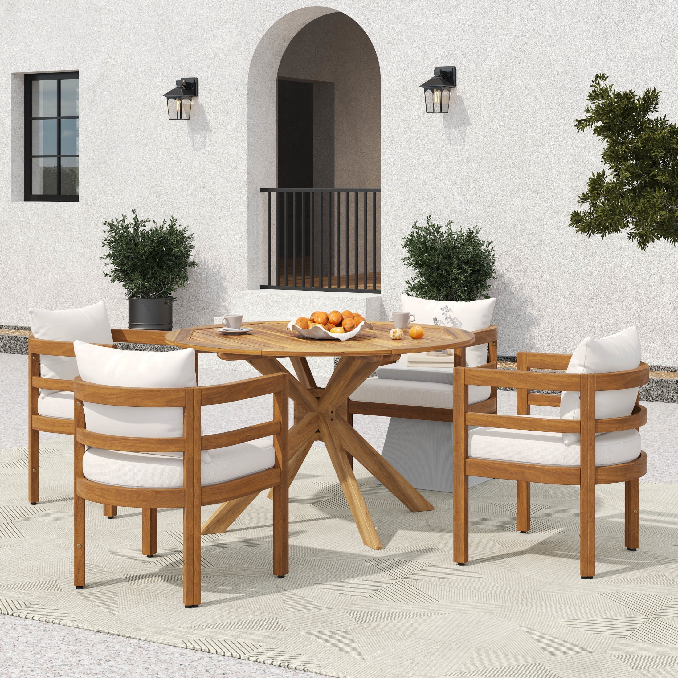 Christopher Knight Home 5-Piece Outdoor Wood Dining Set, Round Table with Beige Cushioned Chairs, Teak