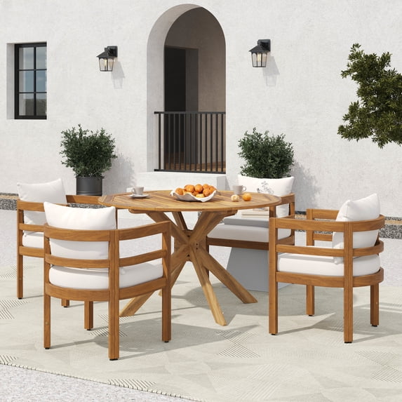 Christopher Knight Home 5-Piece Outdoor Wood Dining Set, Round Table with Beige Cushioned Chairs, Teak