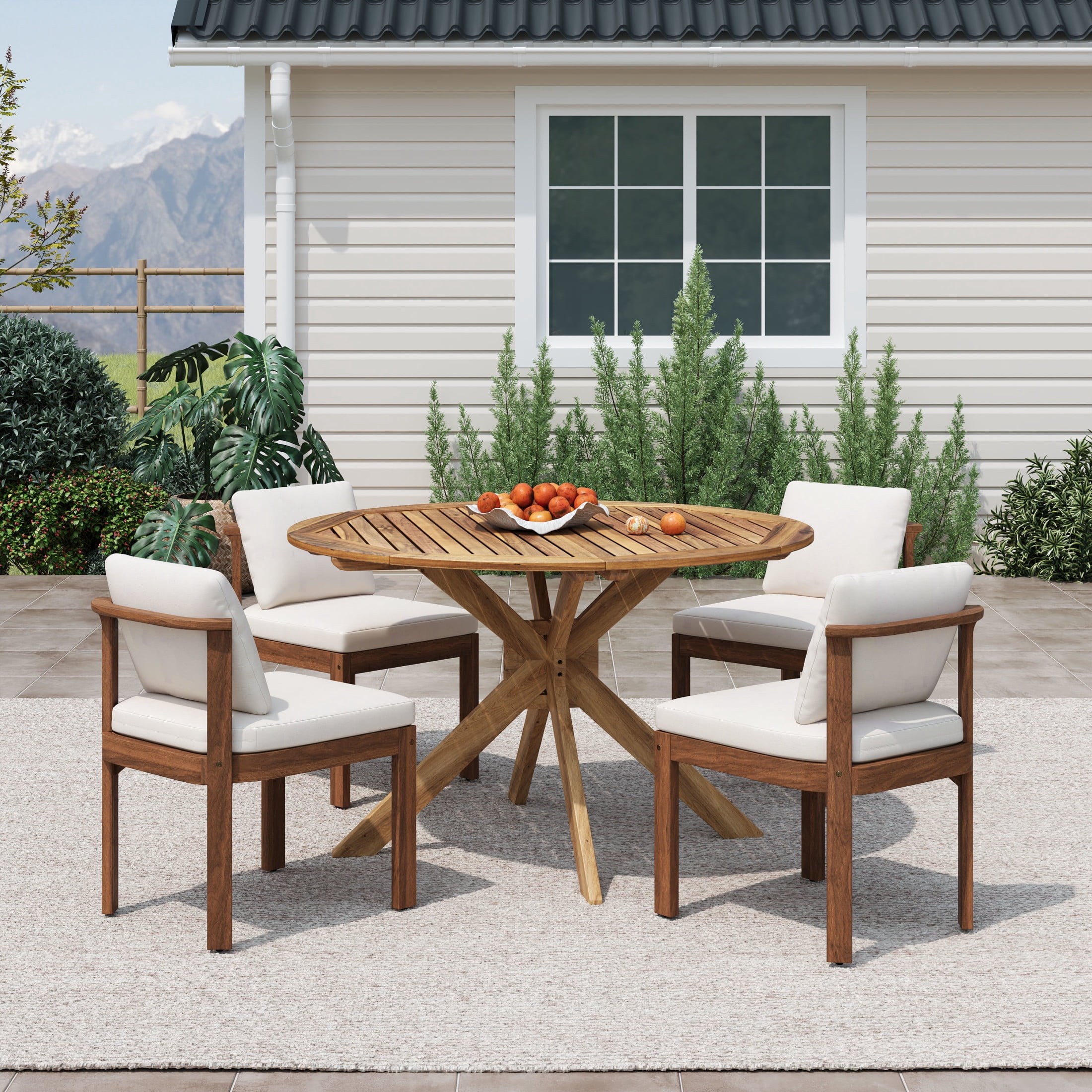 Christopher Knight Home 5-Piece Outdoor Wood Dining Set, Round Table with Cream Cushioned Side Chairs, Brown