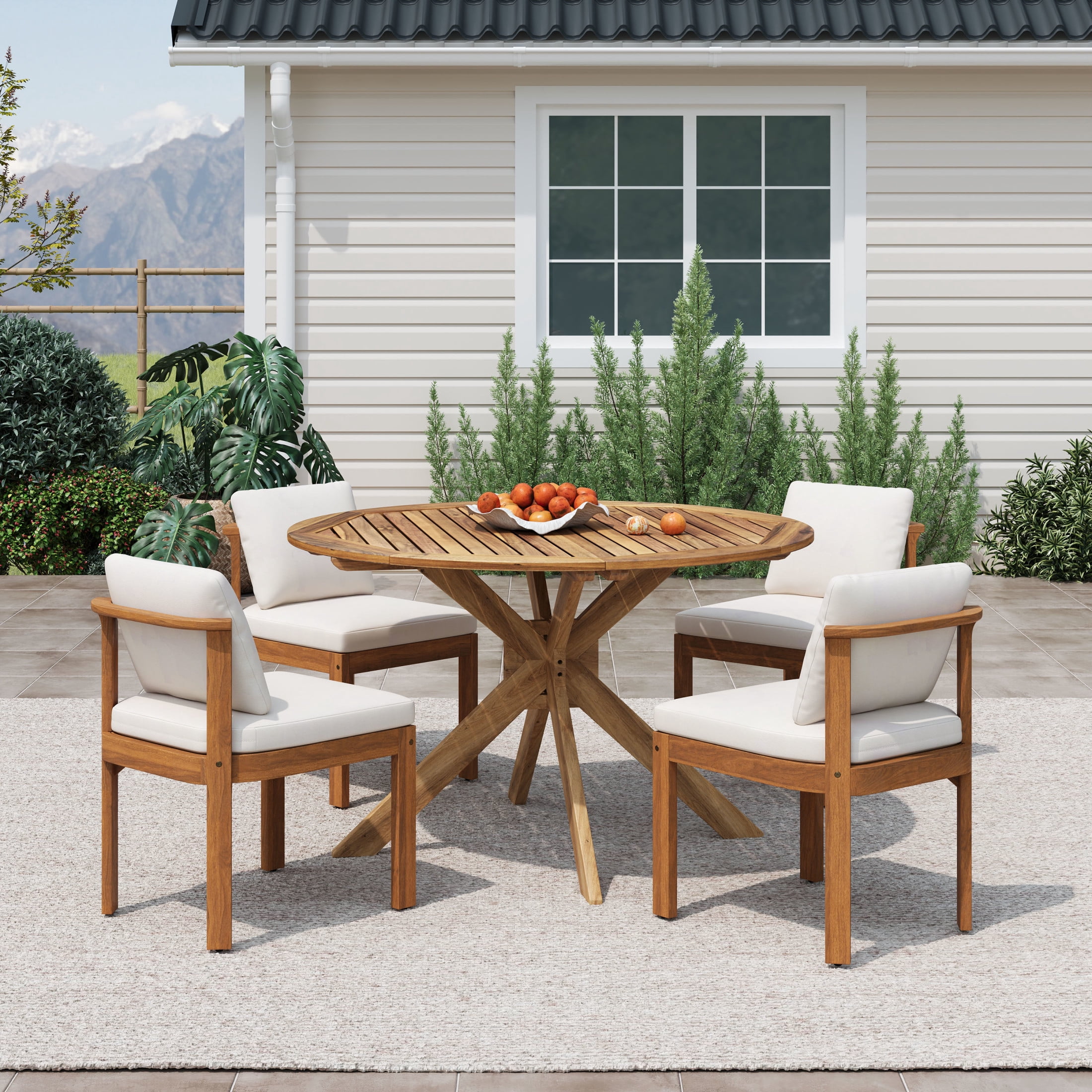Christopher Knight Home 5-Piece Outdoor Wood Dining Set, Round Table with Cream Cushioned Side Chairs, Teak