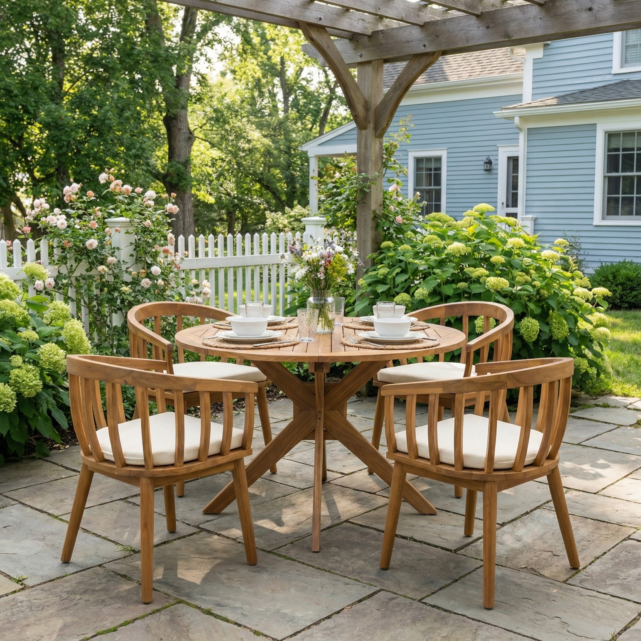 Christopher Knight Home 5-Piece Outdoor Wood Dining Set, Round Table with Curved Armchairs, Teak+Beige
