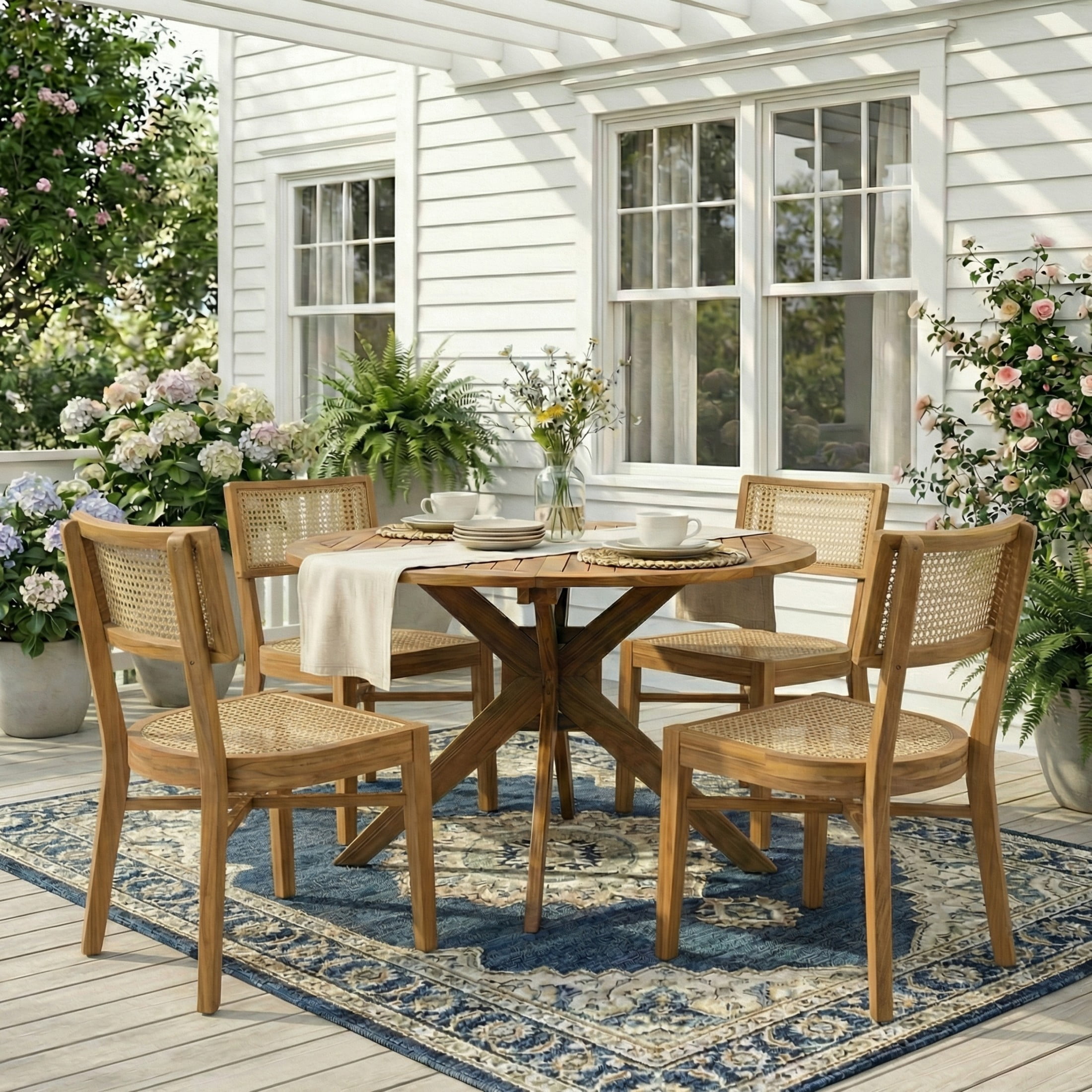 Christopher Knight Home 5-Piece Outdoor Wood Dining Set, Round Table with Light Brown Wicker Chairs, Teak