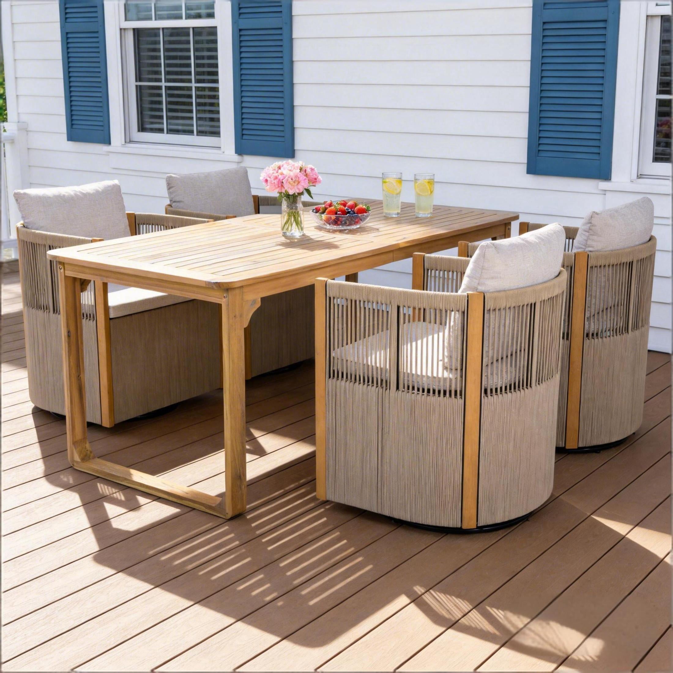 Christopher Knight Home 5-Piece Outdoor Wood Dining Set, Table and Beige Swivel Rope Chairs with Cushions