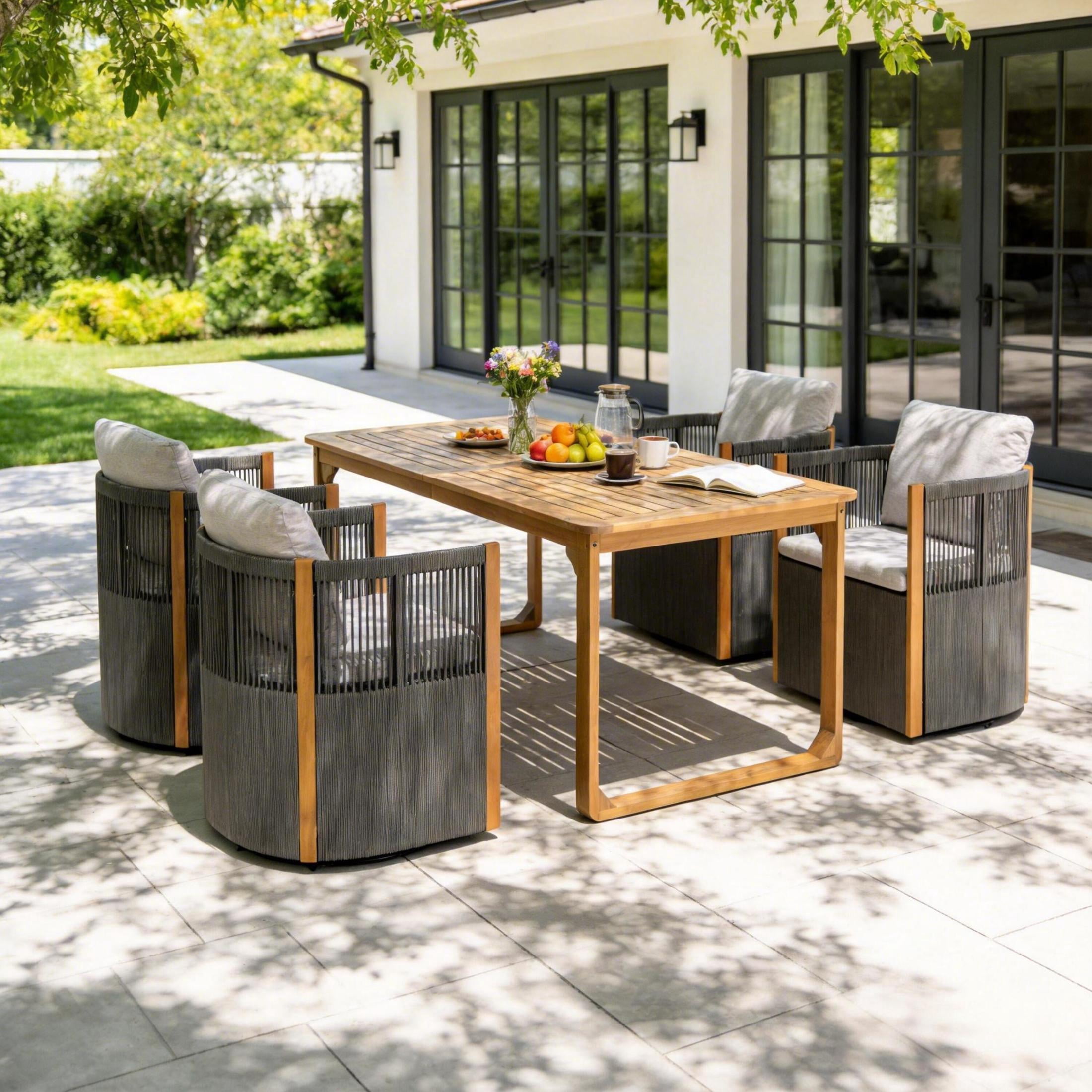 Christopher Knight Home 5-Piece Outdoor Wood Dining Set, Table and Gray Swivel Rope Chairs with Cushions