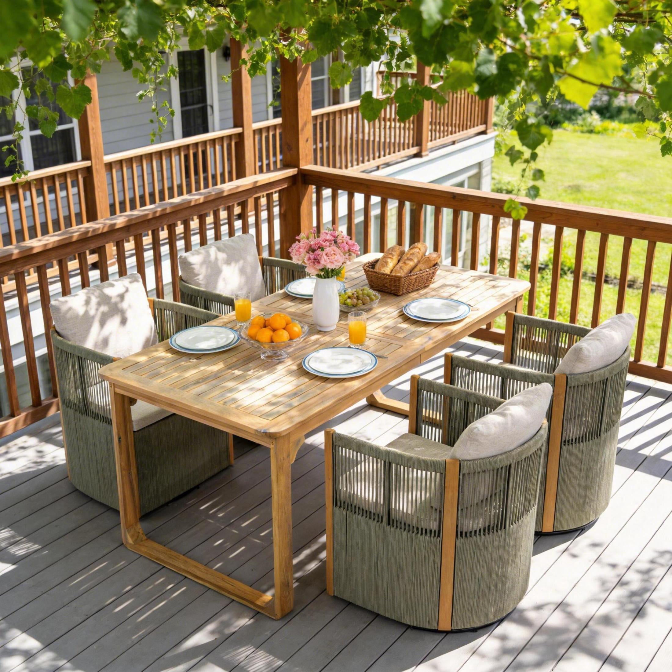 Christopher Knight Home 5-Piece Outdoor Wood Dining Set, Table and Light Gray Swivel Rope Chairs with Cushions