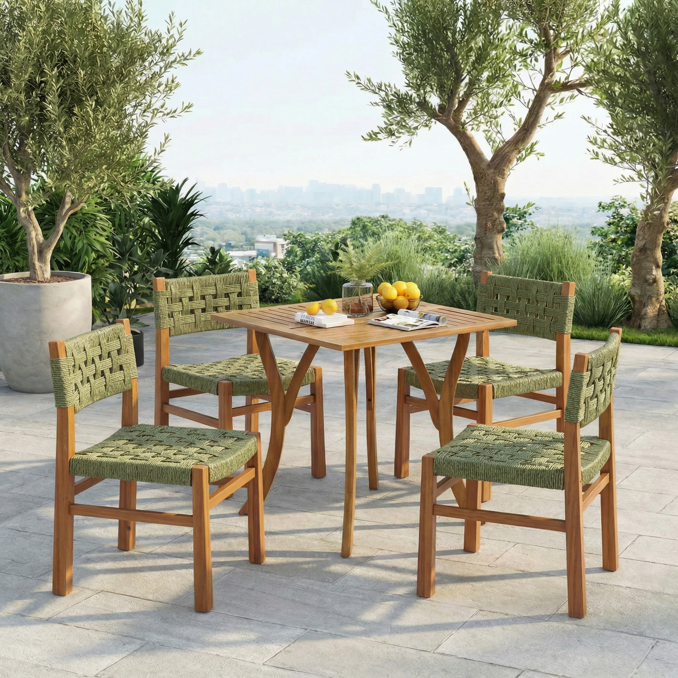 Christopher Knight Home 5-Piece Outdoor Wood Dining Set, Teak Square Table and Green Wicker Chairs