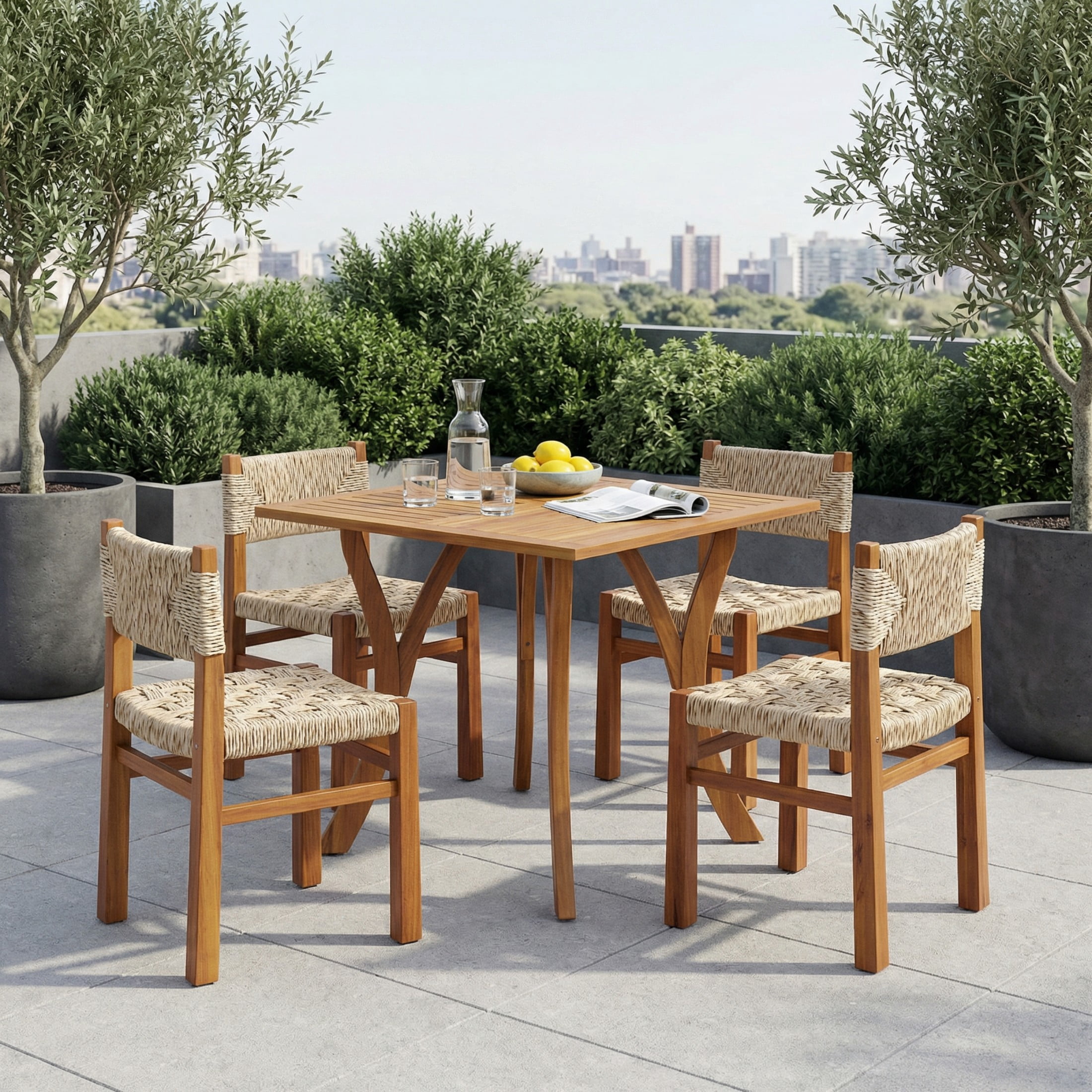Christopher Knight Home 5-Piece Outdoor Wood Dining Set, Teak Square Table and Light Gray Wicker Chairs