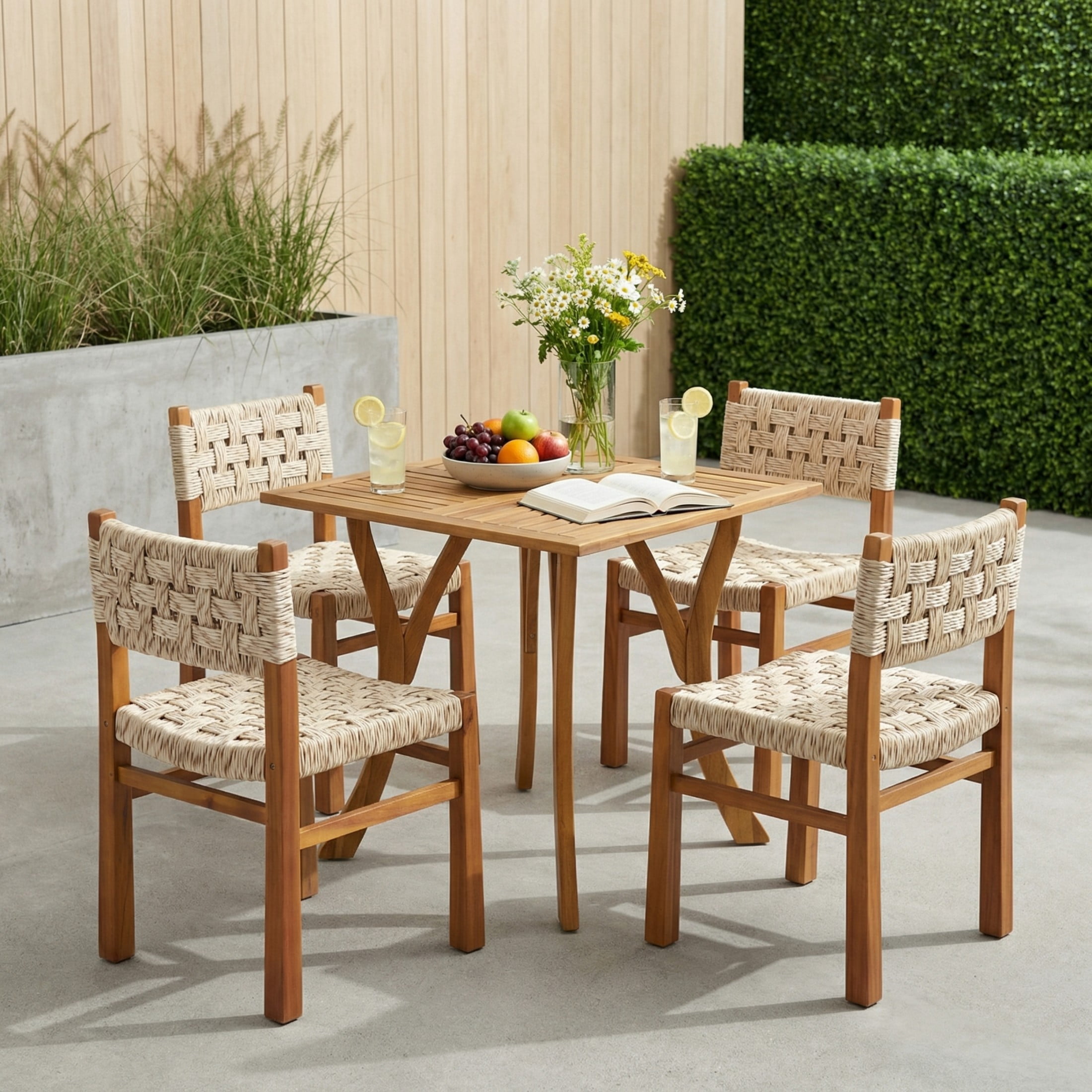 Christopher Knight Home 5-Piece Outdoor Wood Dining Set, Teak Square Table and Light Gray Wicker Chairs