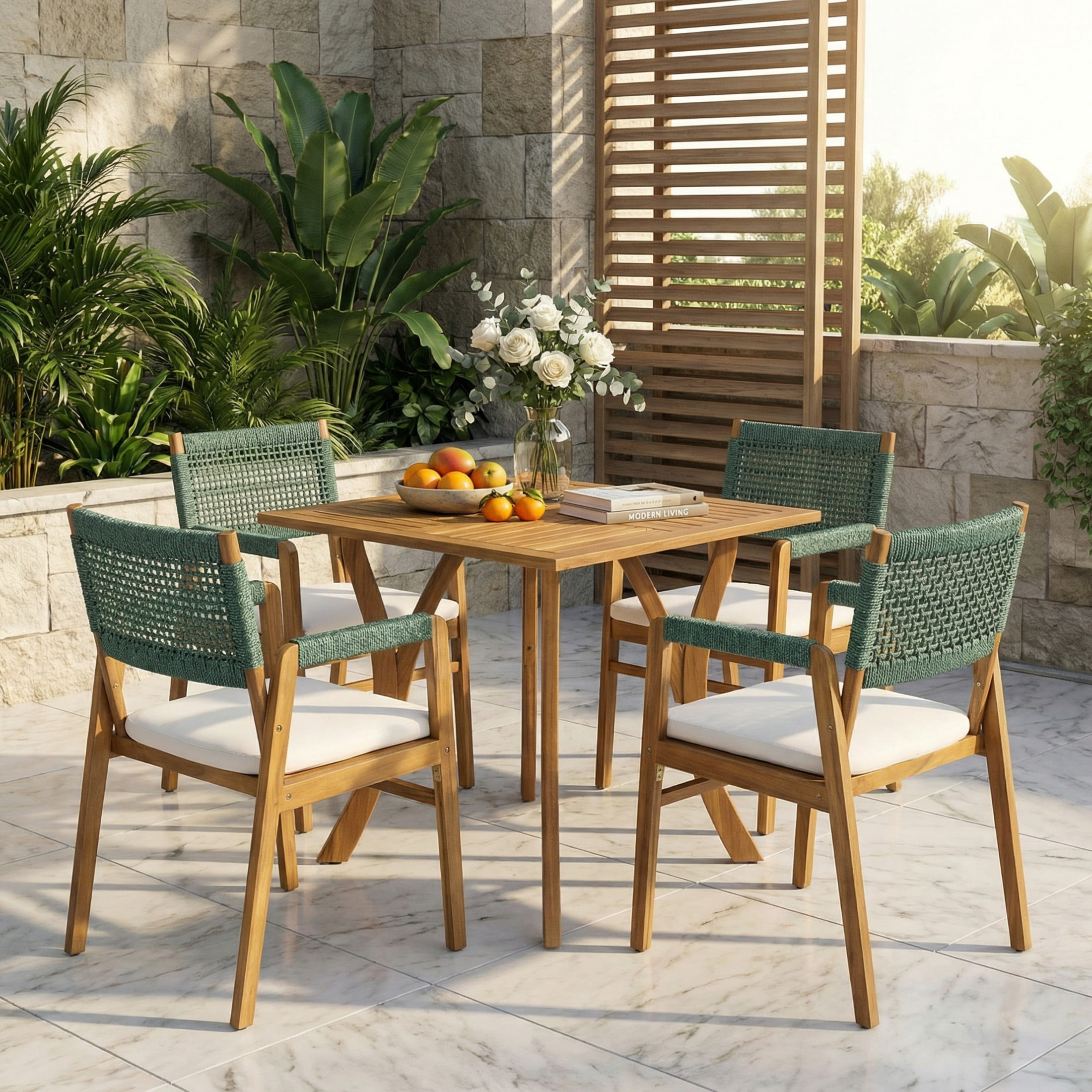 Christopher Knight Home 5-Piece Outdoor Wood Dining Set with Rope Chairs and Square Table, Green