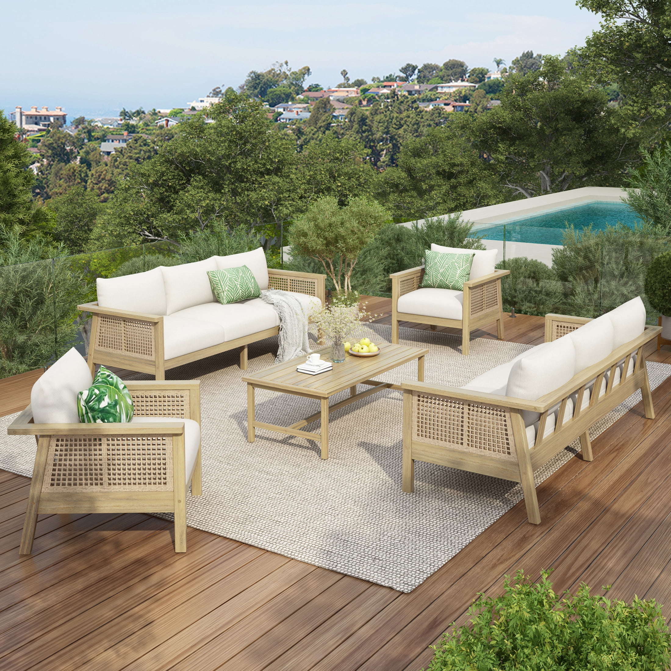 Christopher Knight Home 5-Piece Patio Acacia Wood Conversation Set with Coffee Table, 8 Seats, Light Teak