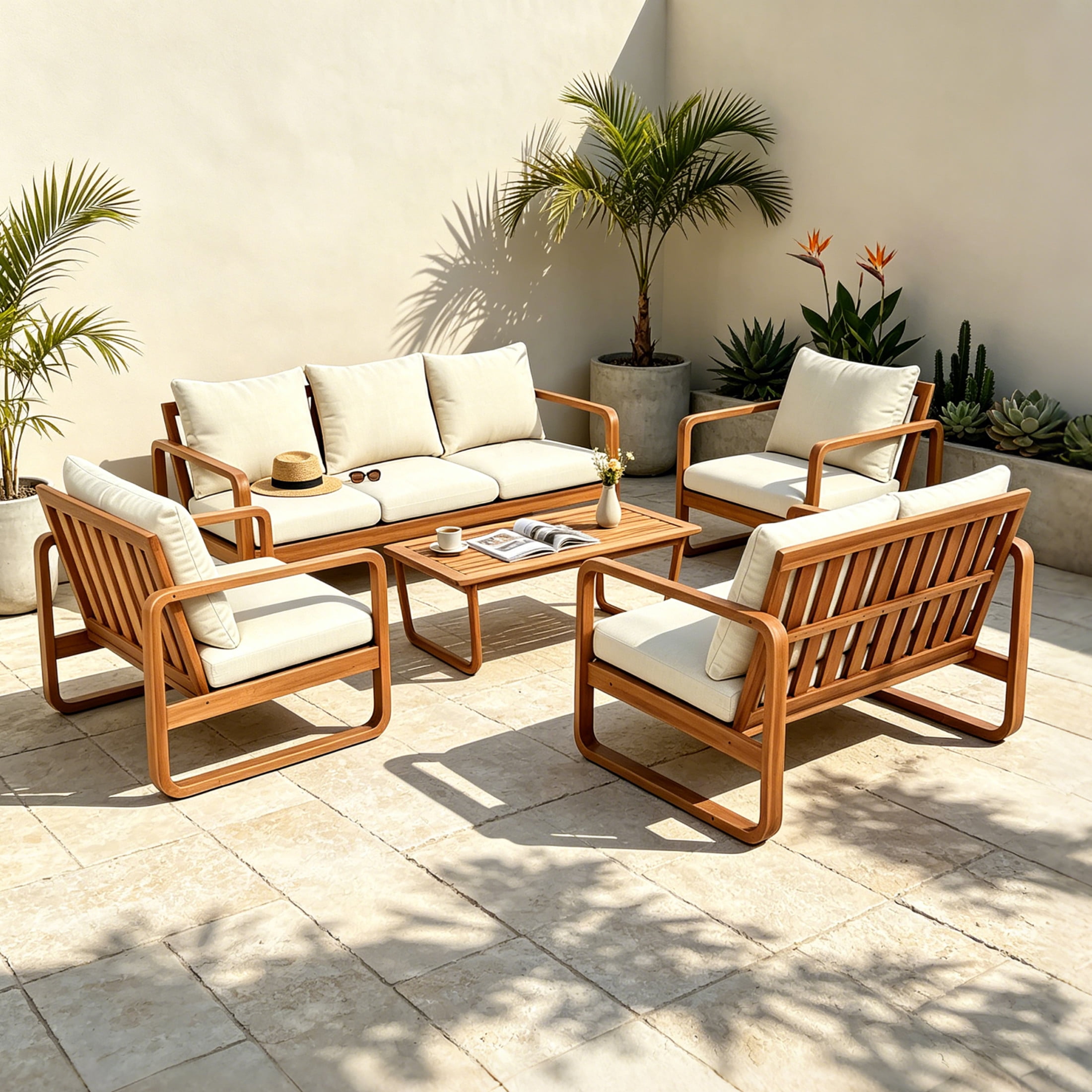 Christopher Knight Home 5-Piece Patio Conversation Set, Acacia Wood Sofas, Chairs & Table, Beige+Teak