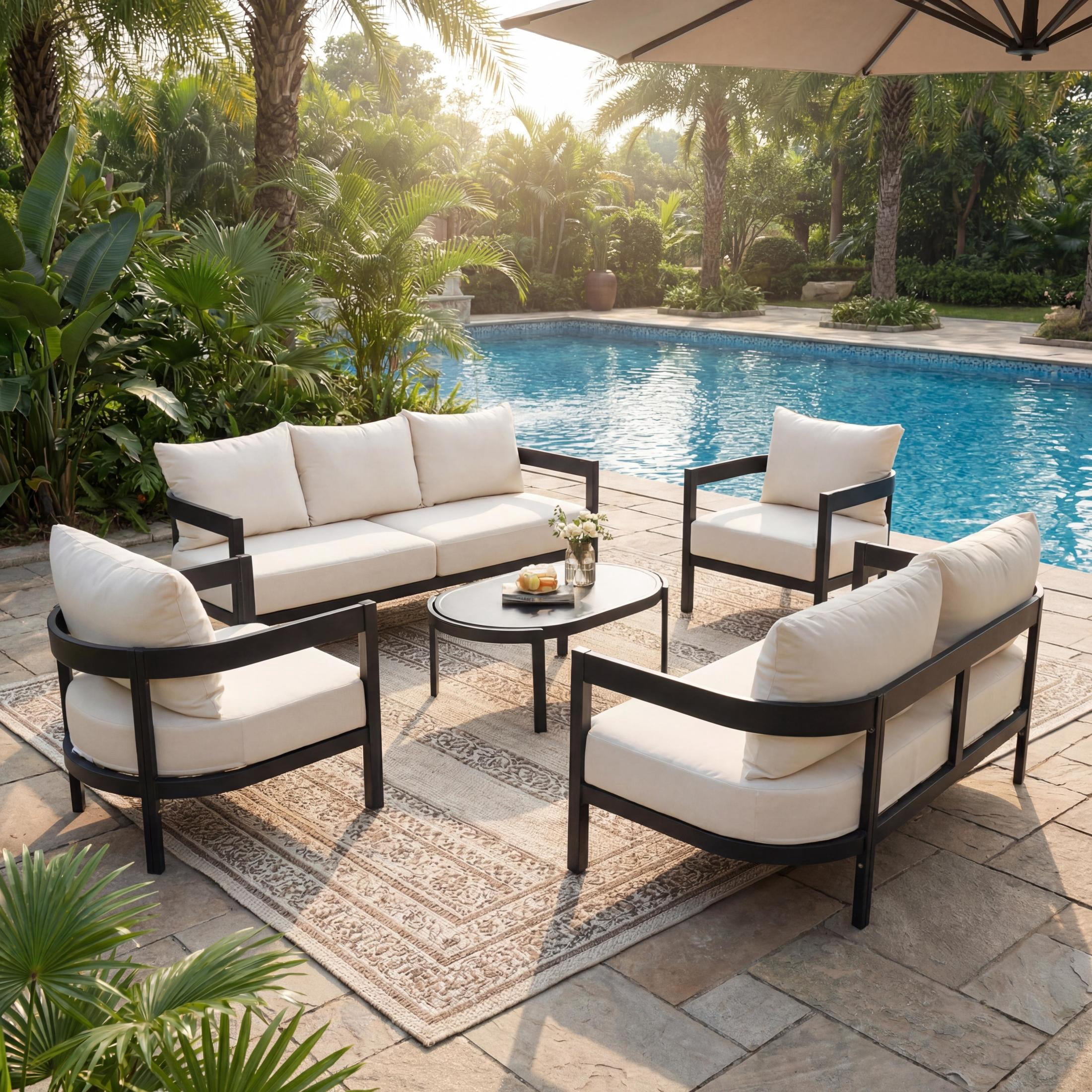 Christopher Knight Home 5 Piece Patio Conversation Set, Aluminum Sofa Chairs with Glass Table, Black + Beige