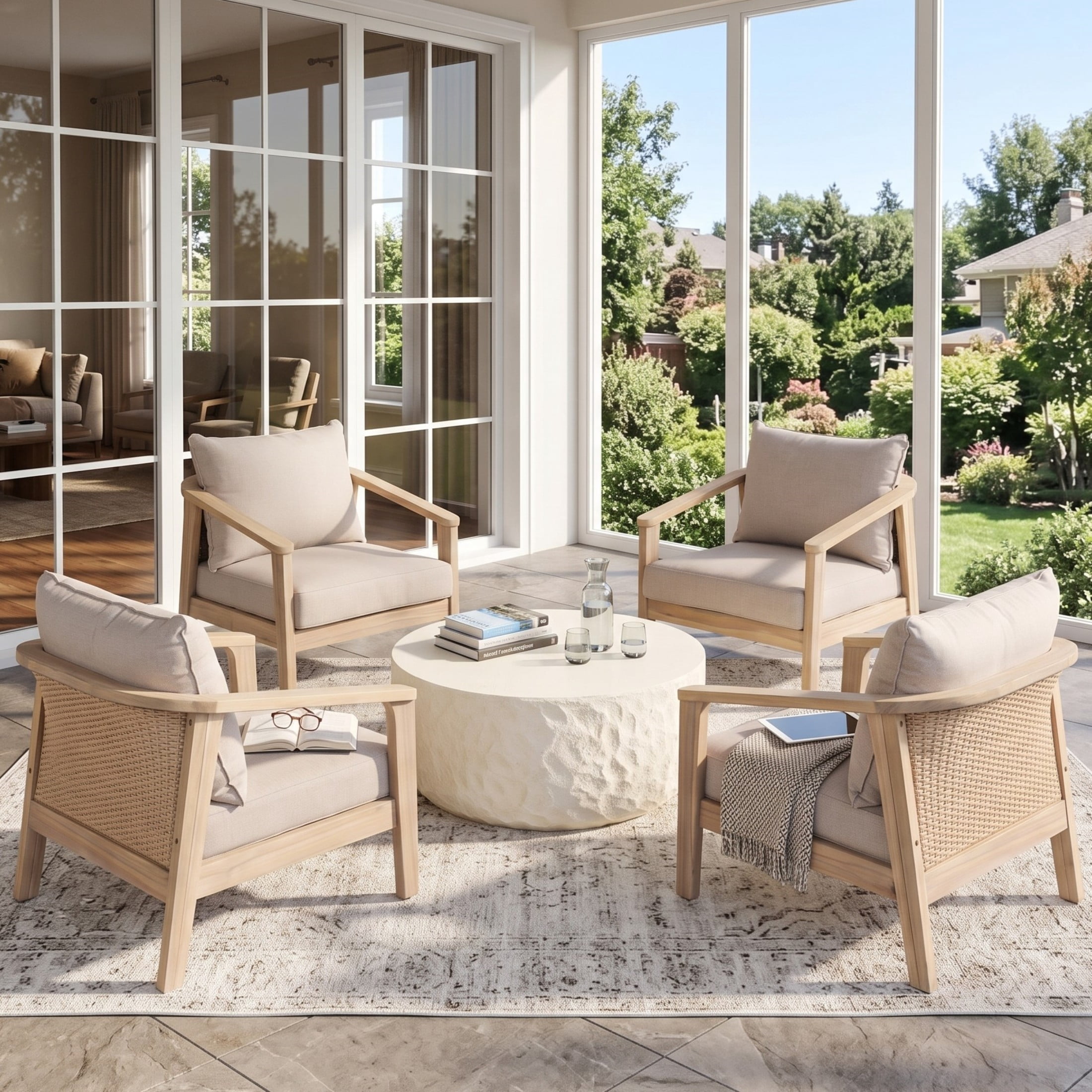 Christopher Knight Home 5-Piece Patio Conversation Set, Armchairs with Round Coffee Table, Light White+Beige
