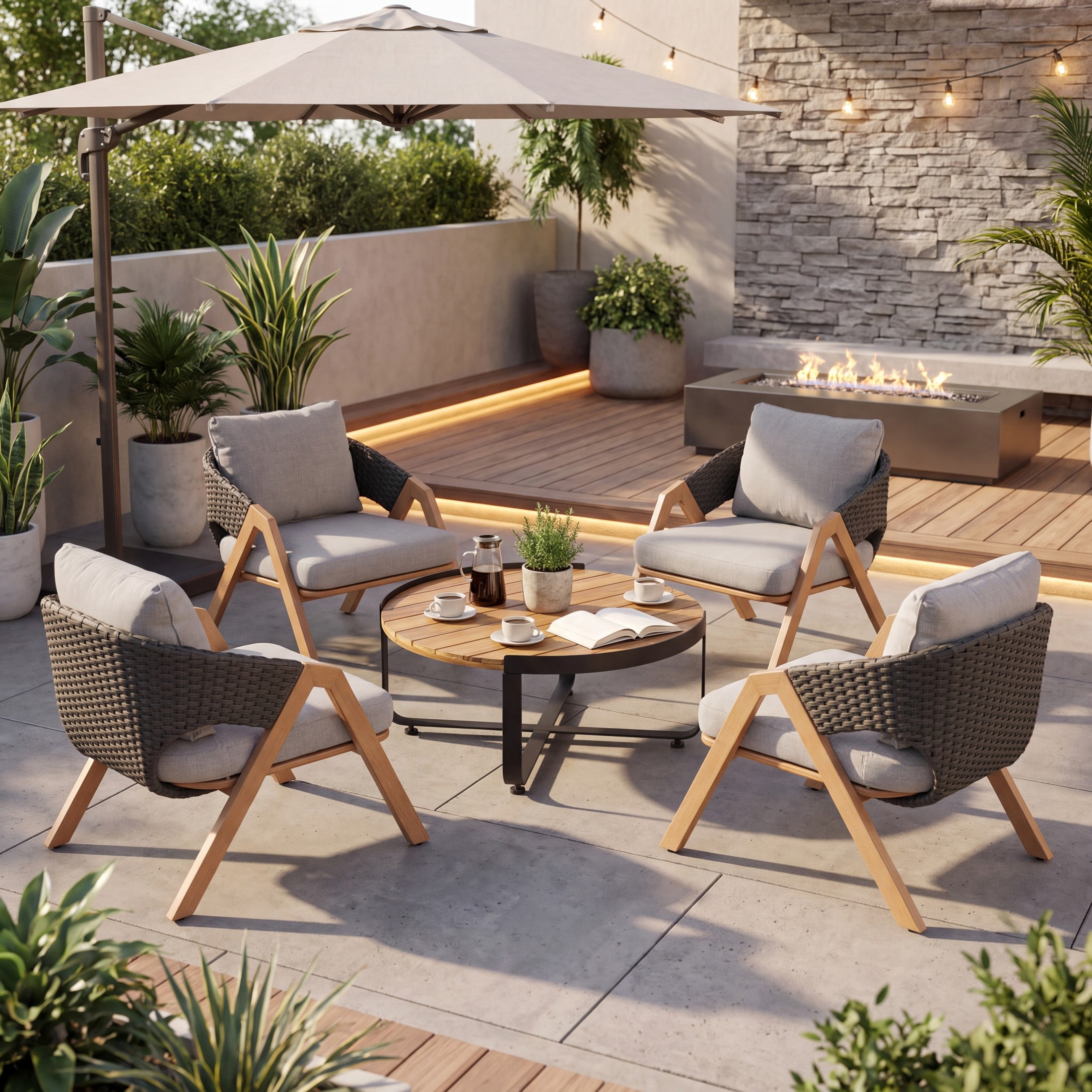 Christopher Knight Home 5-Piece Patio Conversation Set, Rattan Chairs with Wood Table, Teak+Gray