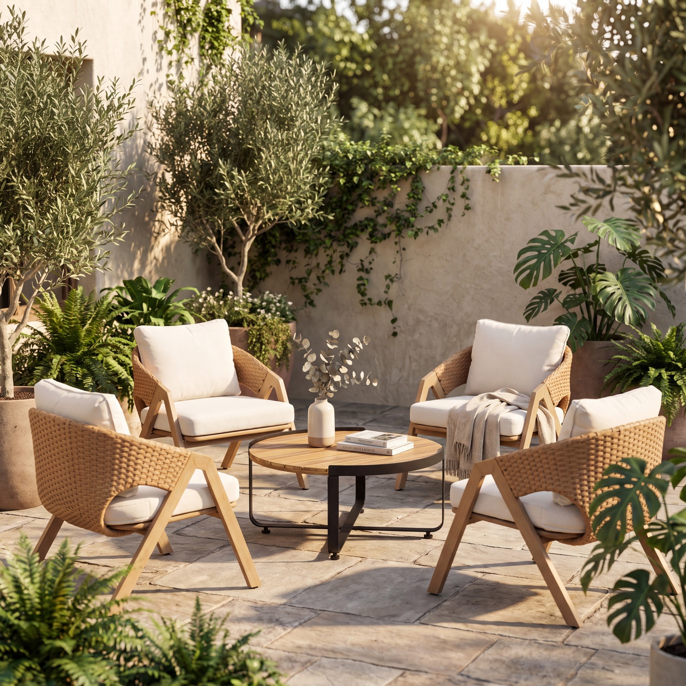 Christopher Knight Home 5-Piece Patio Conversation Set, Rattan Chairs with Wood Table, Teak+White