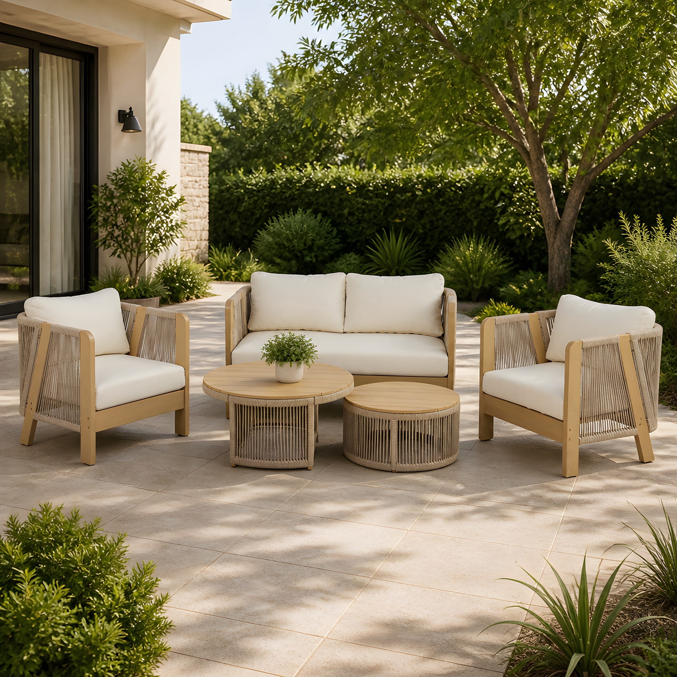 Christopher Knight Home 5-Piece Patio Conversation Set, Rope Accent Seating with Cushions, Light Teak+Cream