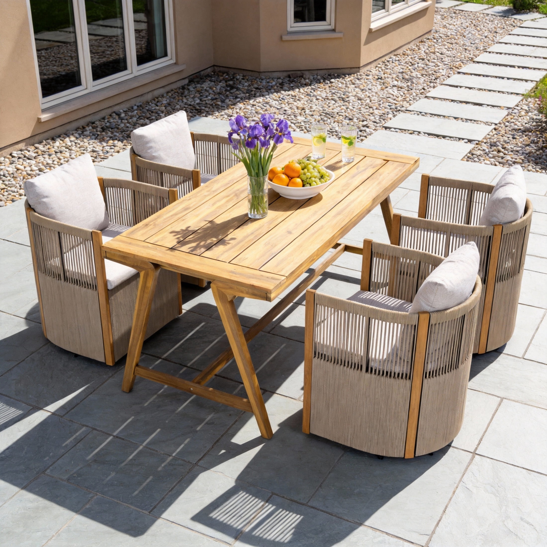 Christopher Knight Home 5 Piece Patio Dining Set, Swivel Rope Chairs and Rectangular Table, Beige