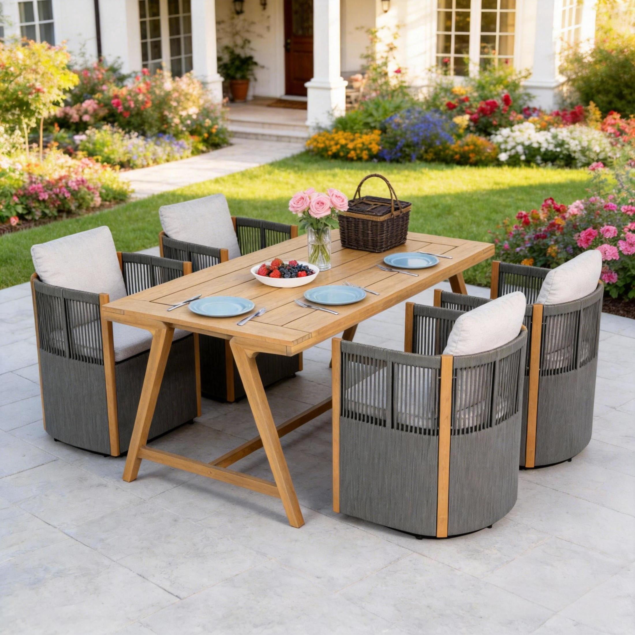 Christopher Knight Home 5 Piece Patio Dining Set, Swivel Rope Chairs and Rectangular Table, Gray