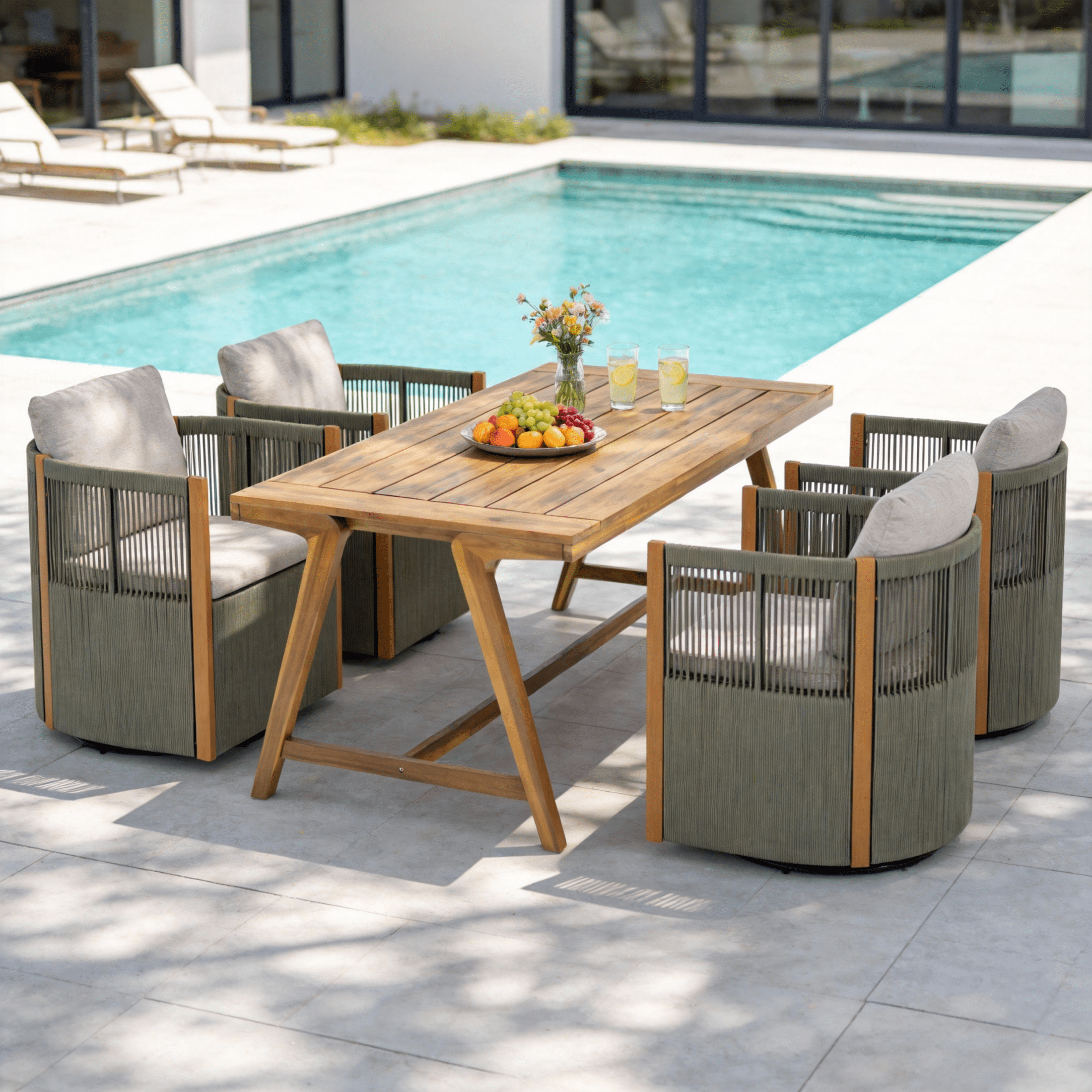 Christopher Knight Home 5 Piece Patio Dining Set, Swivel Rope Chairs and Rectangular Table, Light Gray