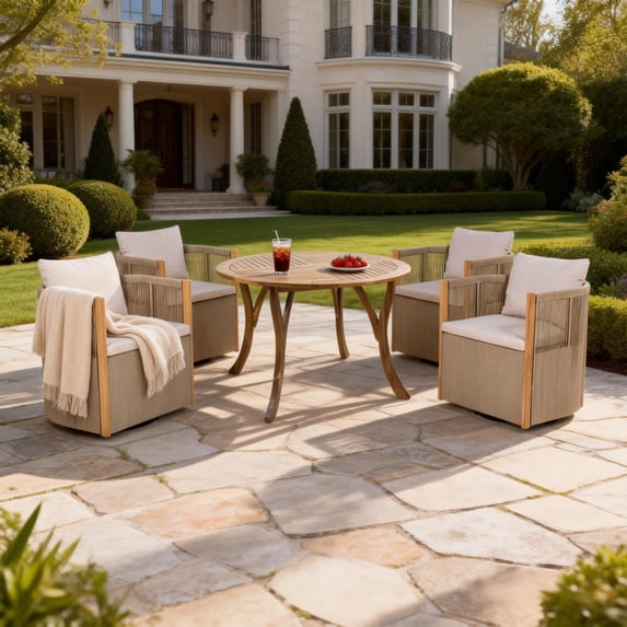 Christopher Knight Home 5 Piece Patio Dining Set, Swivel Rope Chairs and Round Table with Curved Legs, Beige